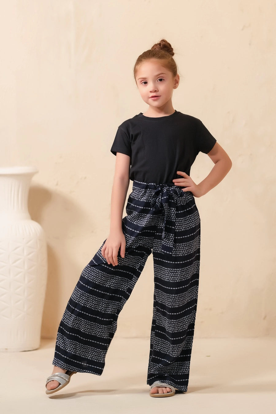 Black Stripe Knit Wide Leg Trouser - Soft Summer Crepe - bottoms, grand-sale, bottom, pants, kids-clearance - Sprinkles Pakistan