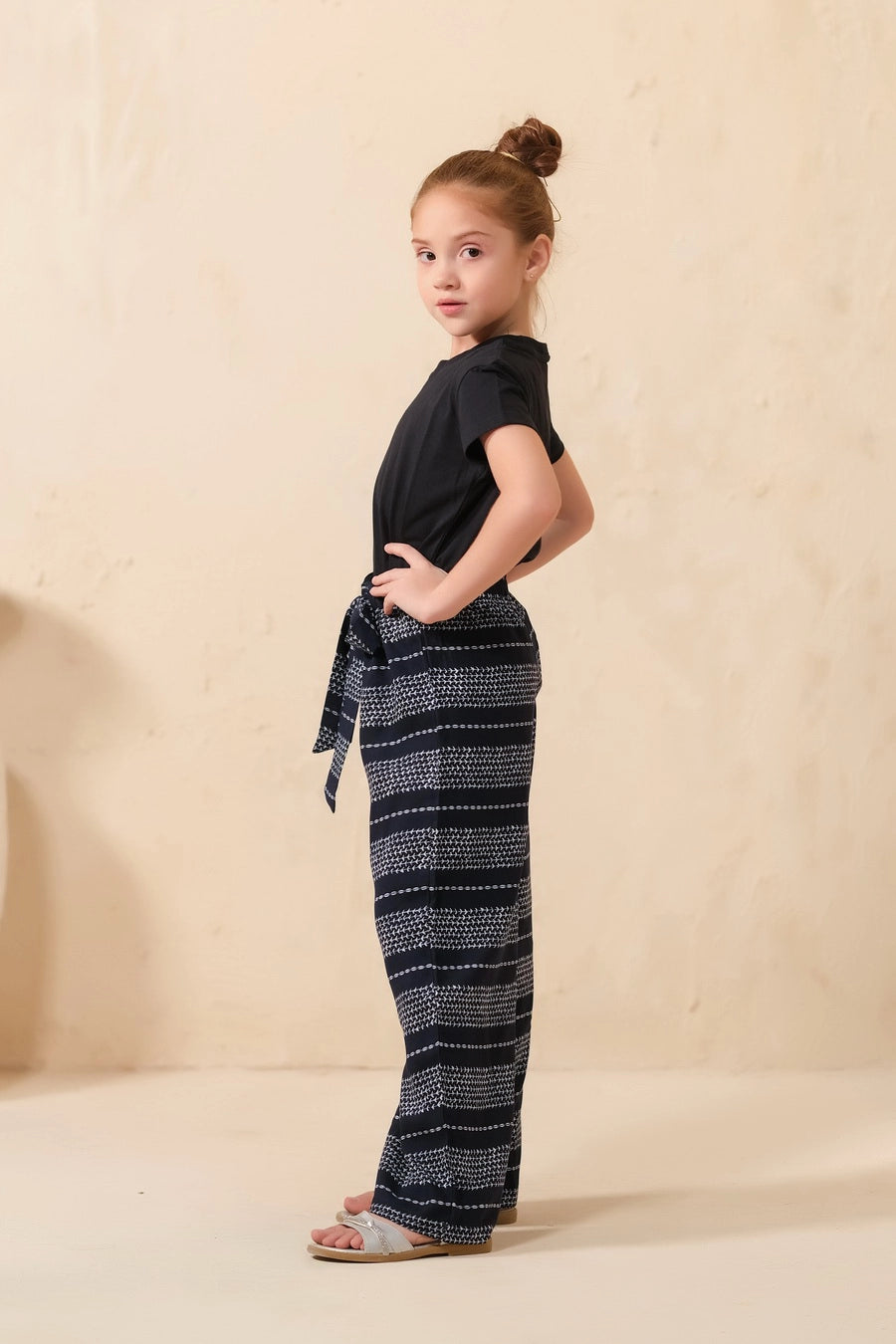 Black Stripe Knit Wide Leg Trouser - Soft Summer Crepe - bottoms, grand-sale, bottom, pants, kids-clearance - Sprinkles Pakistan