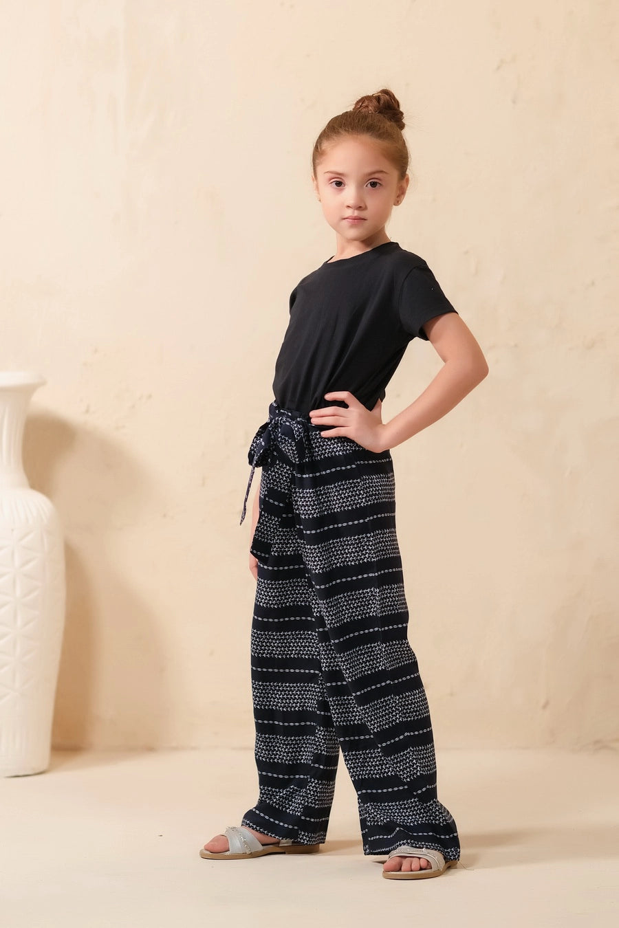 Black Stripe Knit Wide Leg Trouser - Soft Summer Crepe - bottoms, grand-sale, bottom, pants, kids-clearance - Sprinkles Pakistan