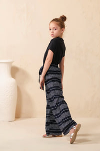 Black Stripe Knit Wide Leg Trouser - Soft Summer Crepe - bottoms, grand-sale, bottom, pants, kids-clearance - Sprinkles Pakistan