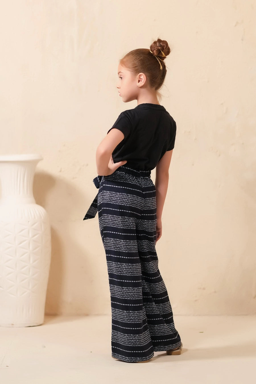 Black Stripe Knit Wide Leg Trouser - Soft Summer Crepe - bottoms, grand-sale, bottom, pants, kids-clearance - Sprinkles Pakistan