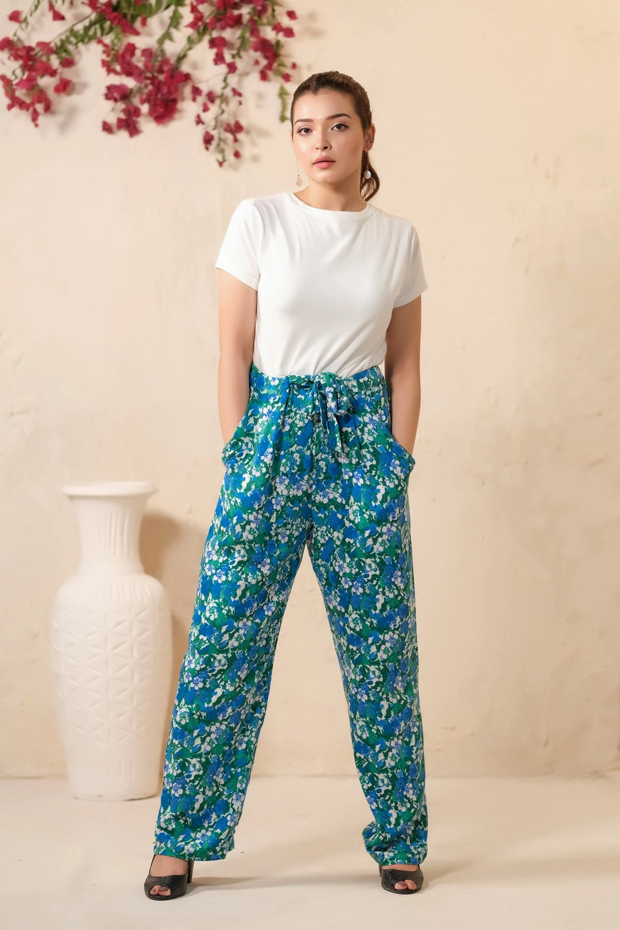Green Floral Print Wide Leg Trousers