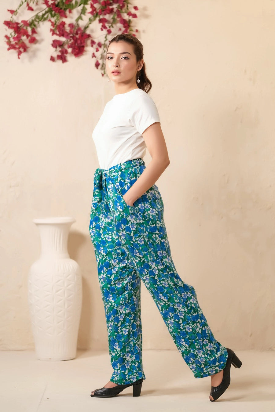 Green Floral Print Wide Leg Trousers