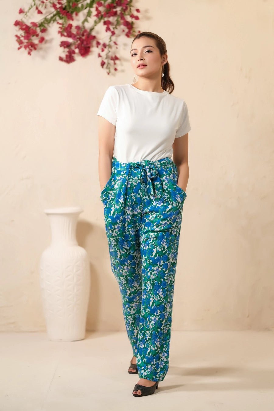 Green Floral Print Wide Leg Trousers