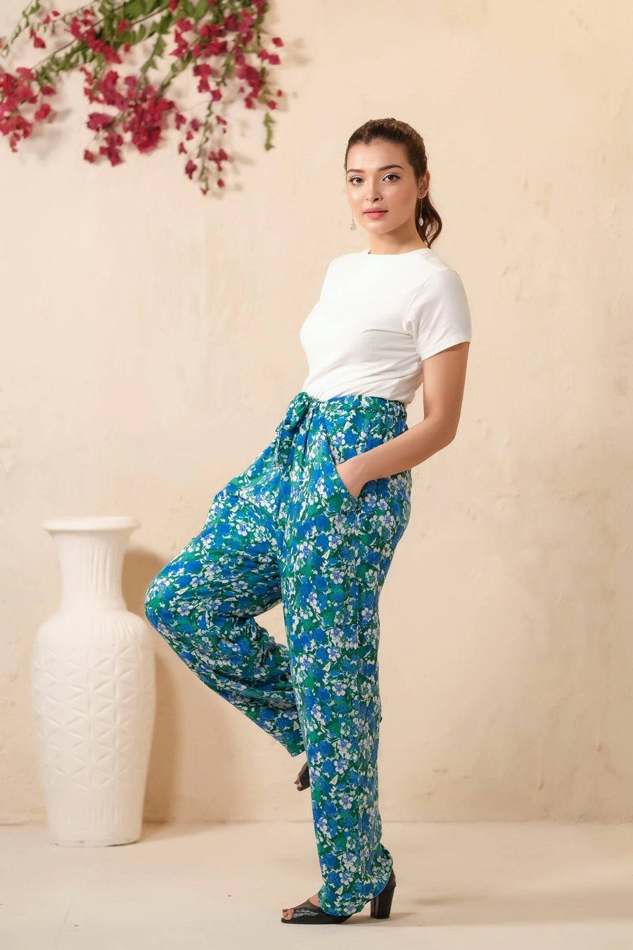 Green Floral Print Wide Leg Trousers
