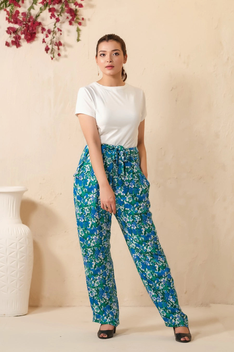 Green Floral Print Wide Leg Trousers