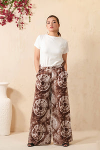 Tie Dye Slash Brown Flare Wide Leg Trouser - Soft Summer Crepe - bottoms, pants, women-bottom, women-clearance - Sprinkles Pakistan