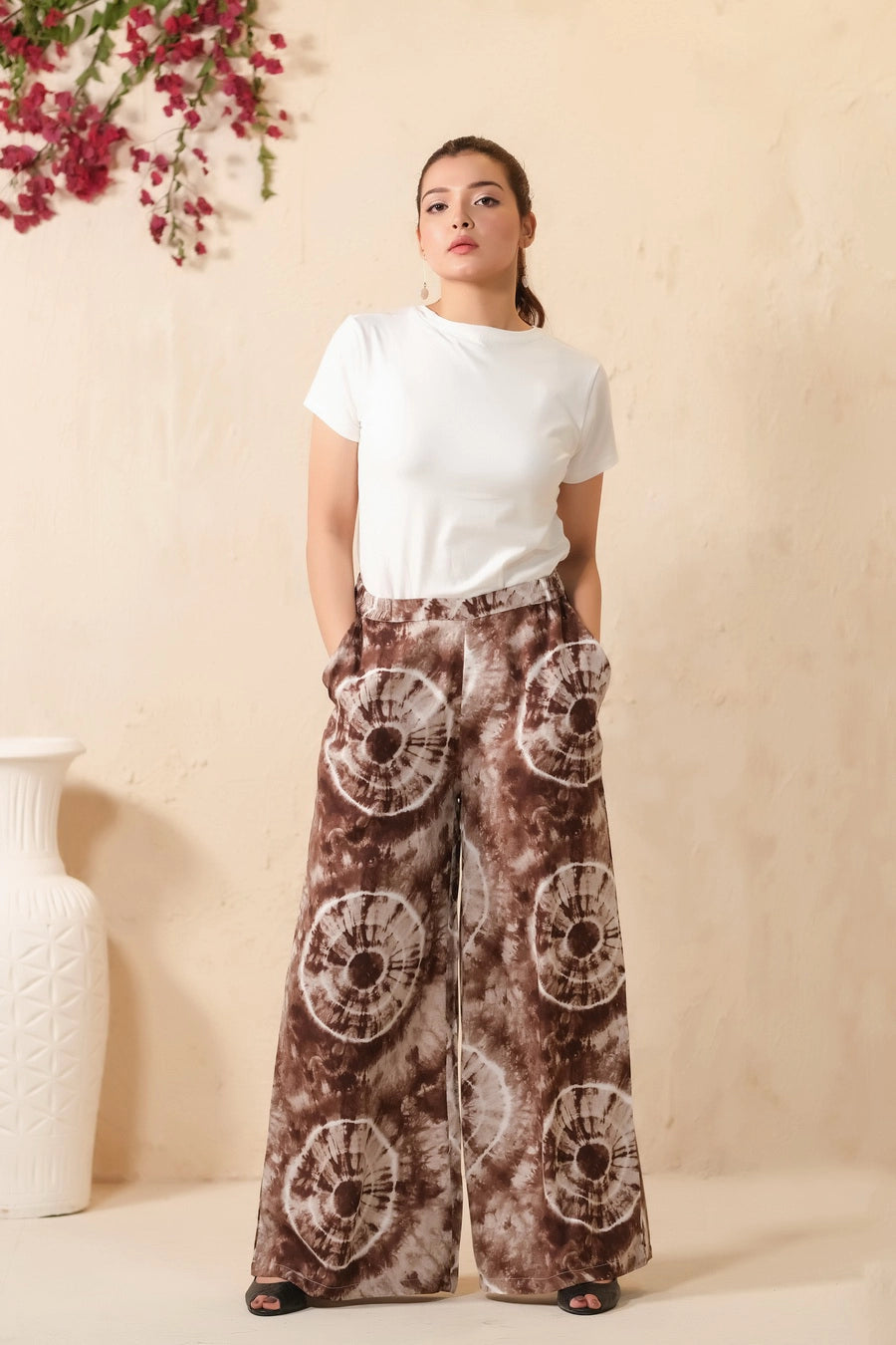 Tie Dye Slash Brown Flare Wide Leg Trouser - Soft Summer Crepe - bottoms, pants, women-bottom, women-clearance - Sprinkles Pakistan