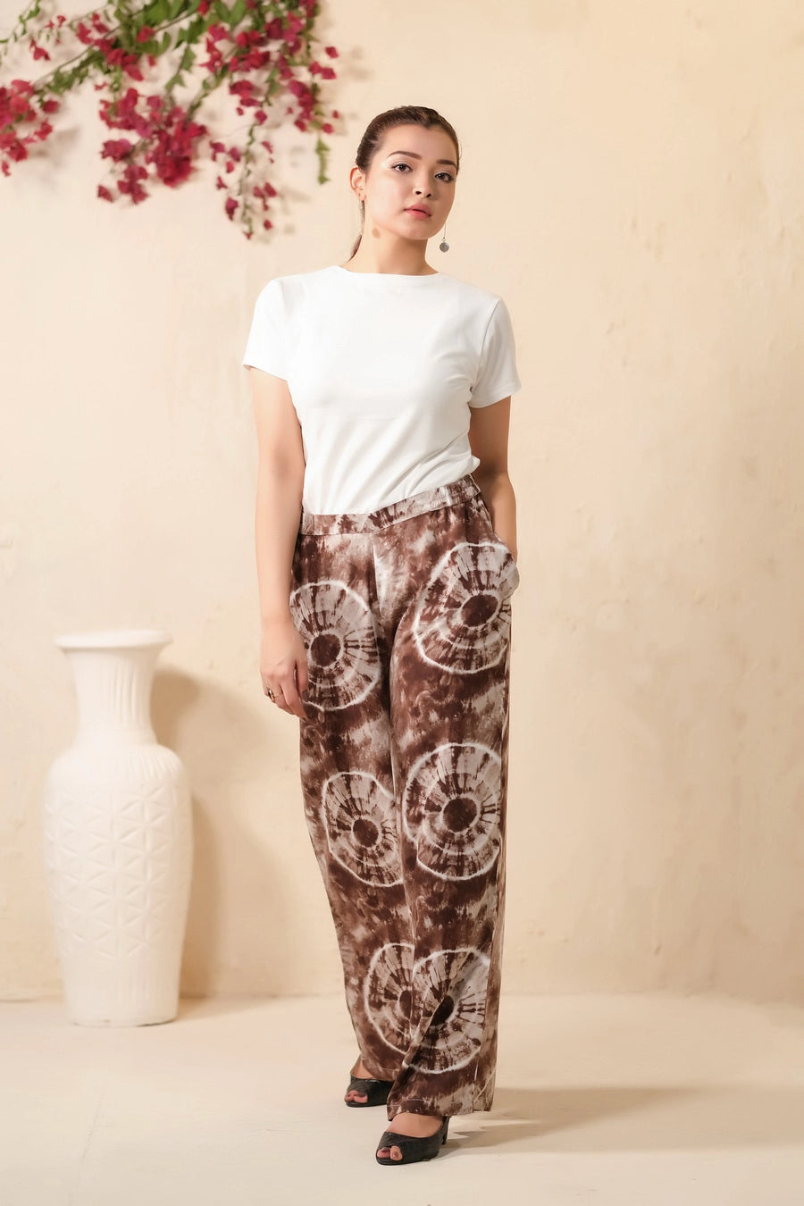 Tie Dye Slash Brown Flare Wide Leg Trouser - Soft Summer Crepe - bottoms, pants, women-bottom, women-clearance - Sprinkles Pakistan
