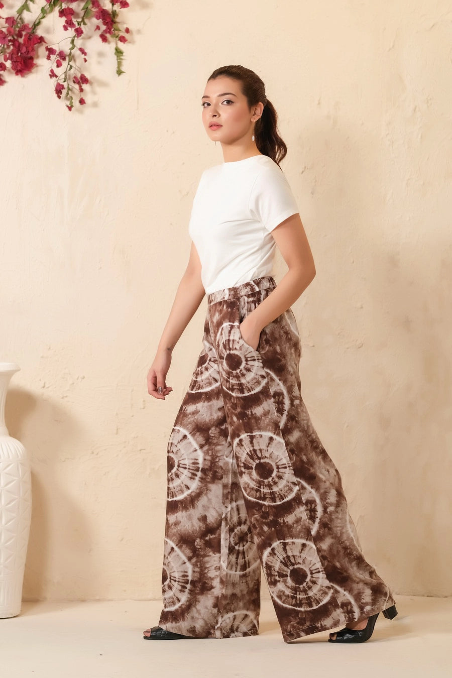 Tie Dye Slash Brown Flare Wide Leg Trouser - Soft Summer Crepe - bottoms, pants, women-bottom, women-clearance - Sprinkles Pakistan