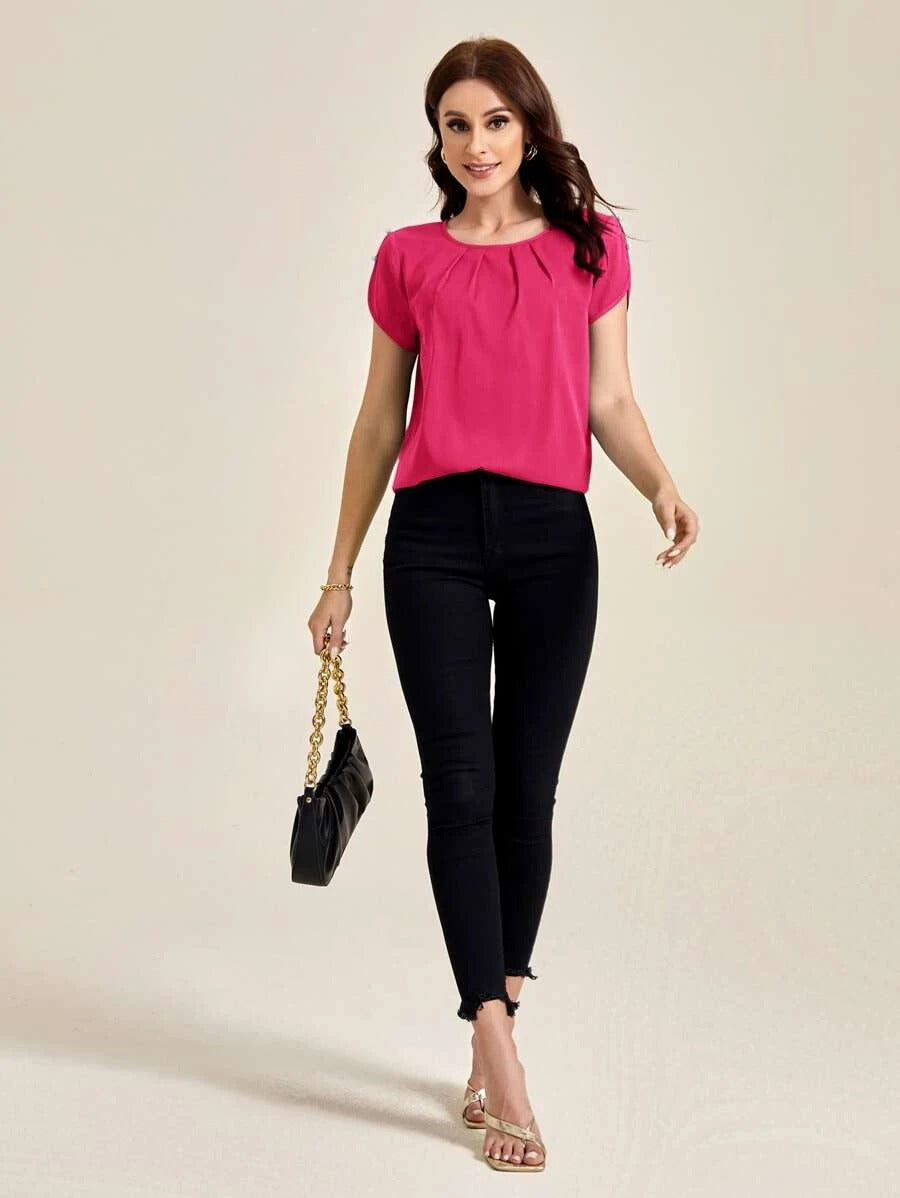 Pink Solid Pleated Detail Top