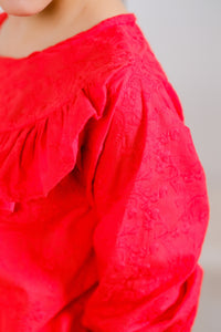 Red Ruffle Quarter-Sleeve Top - Cotton - shirts, topsshirts - Sprinkles Pakistan