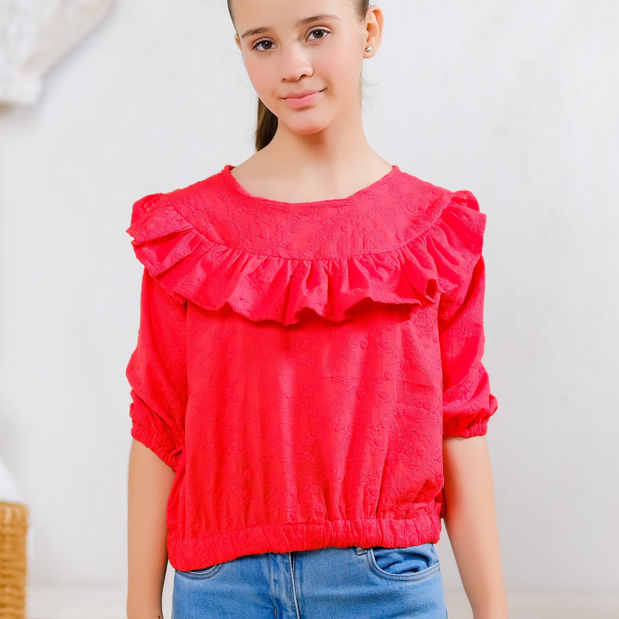 Red Ruffle Quarter-Sleeve Top