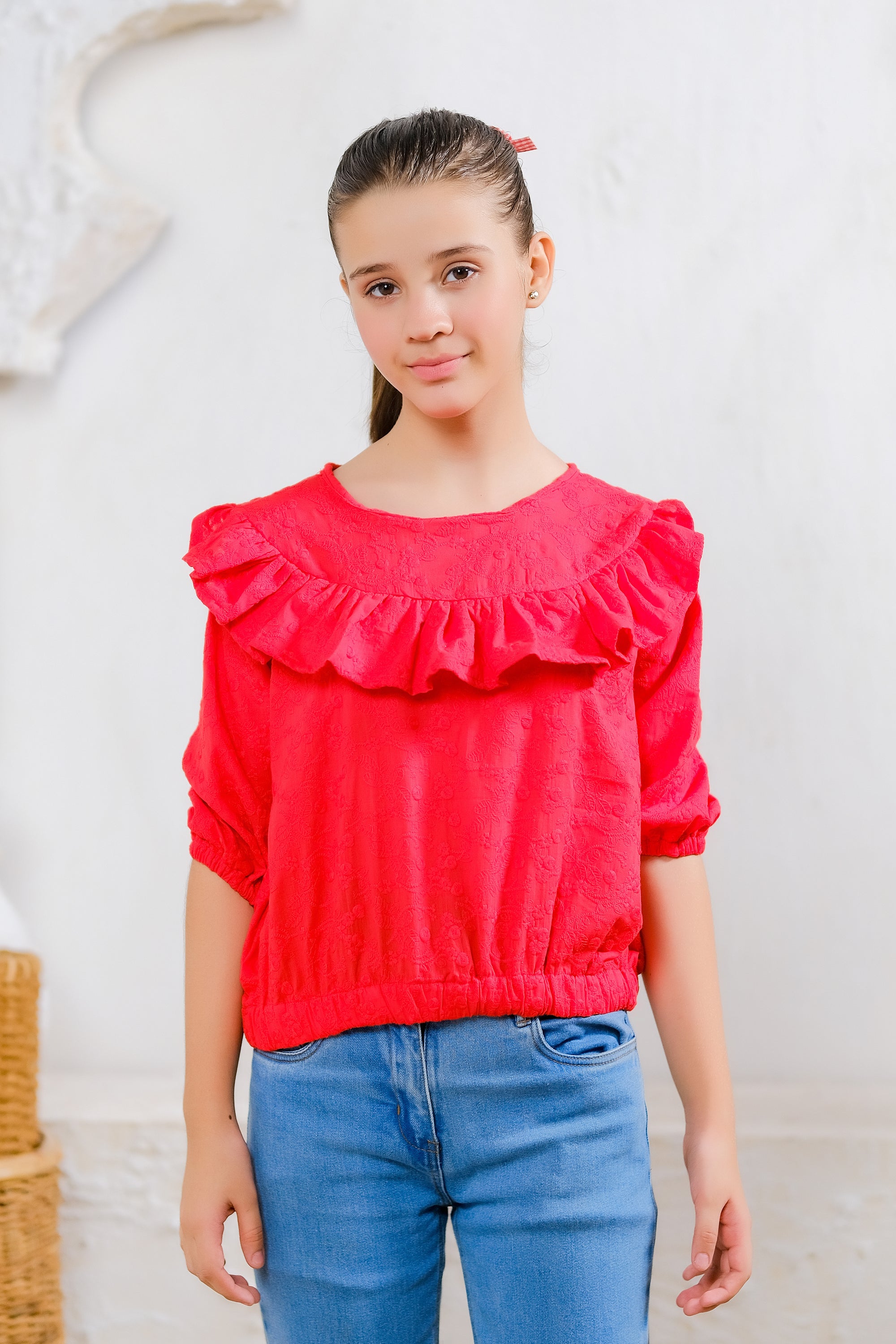 Red Ruffle Quarter-Sleeve Top - Cotton - shirts, topsshirts - Sprinkles Pakistan