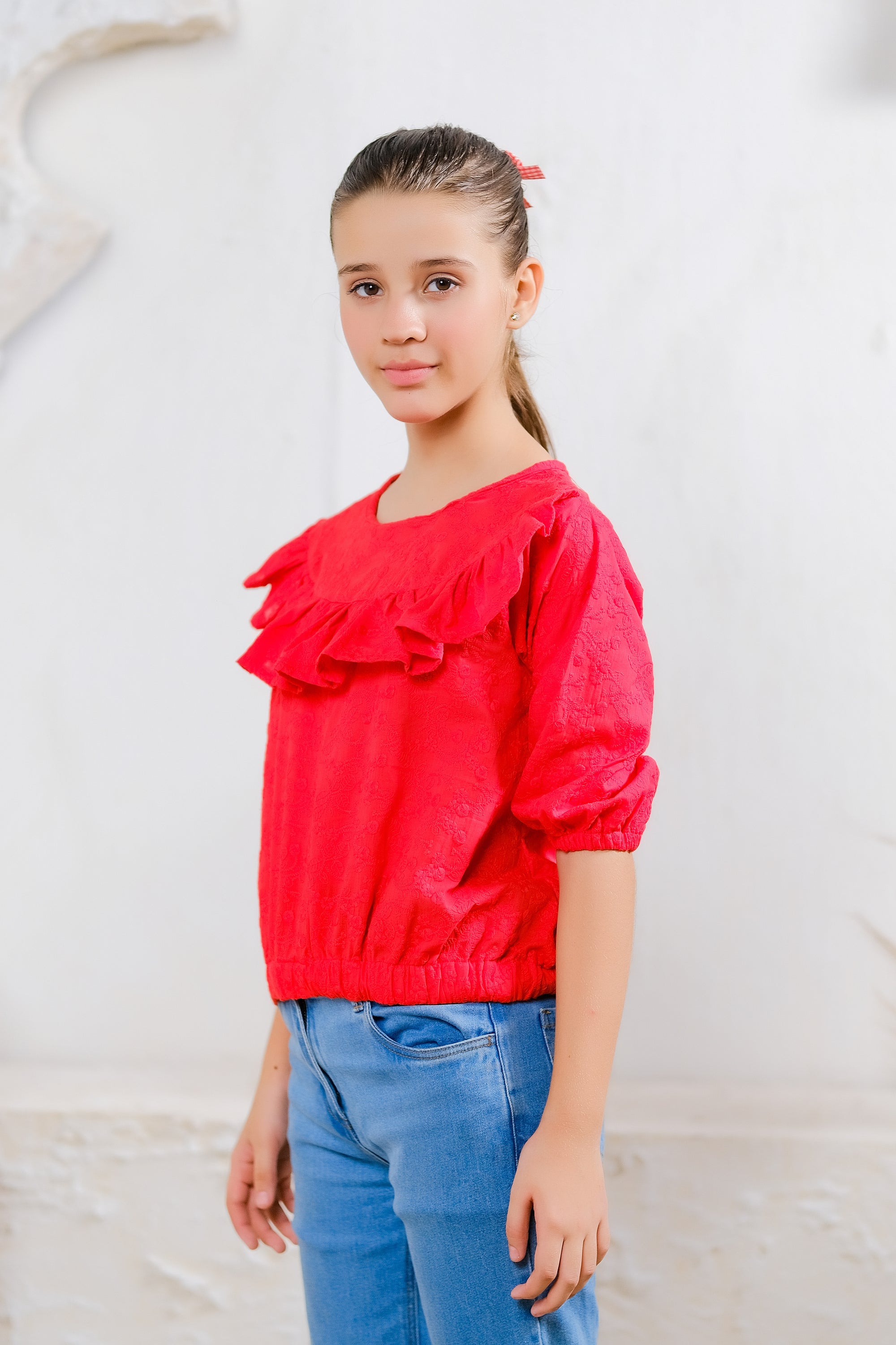 Red Ruffle Quarter-Sleeve Top - Cotton - shirts, topsshirts - Sprinkles Pakistan