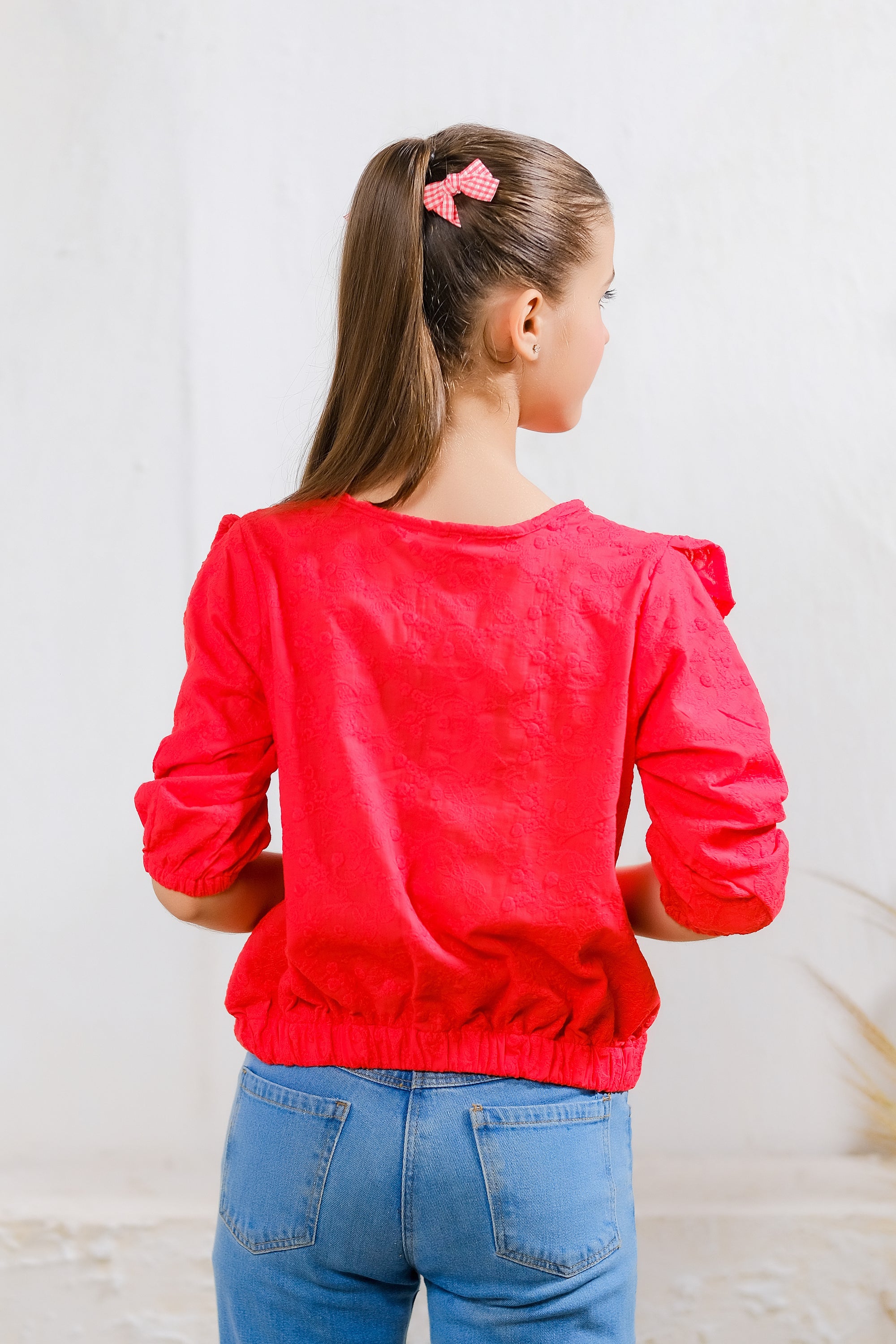 Red Ruffle Quarter-Sleeve Top - Cotton - shirts, topsshirts - Sprinkles Pakistan