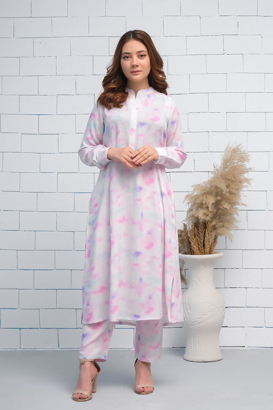 Pink Color Tie & Die 2Pcs Cord Set with Long Shirt and Trouser