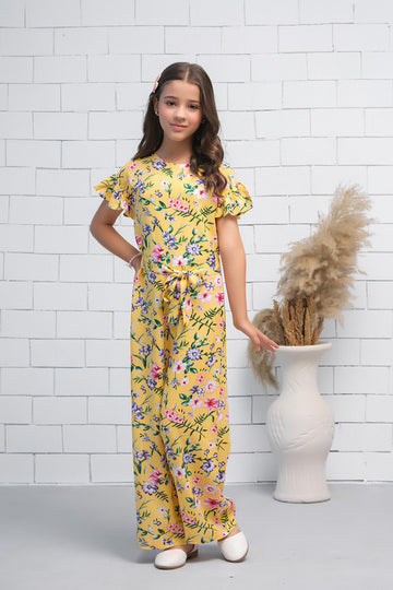 Girls Yellow Floral Print Butterfly Sleeve Shirred Jumpsuit