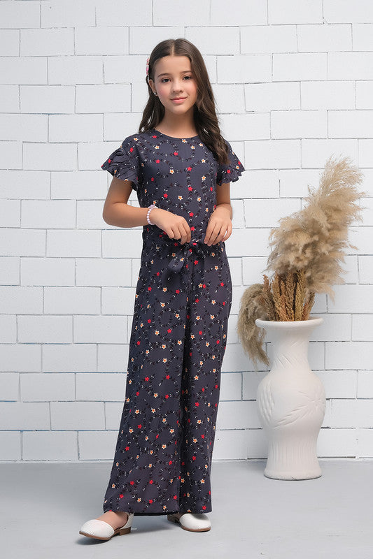 Girls Grey Floral Print Butterfly Sleeve Shirred Jumpsuit