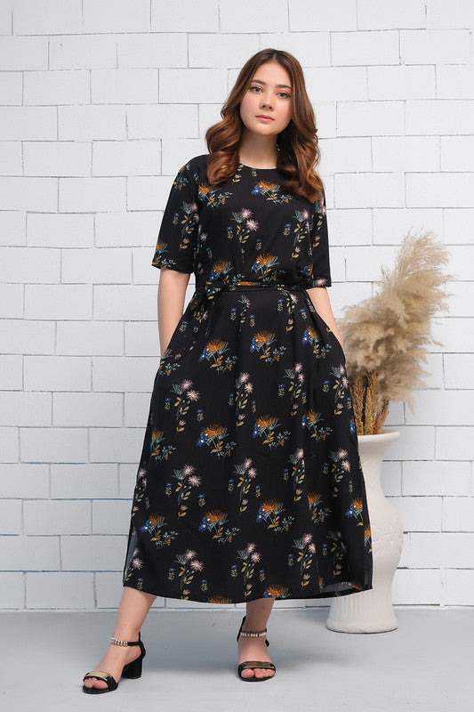 Black Floral Print Short Sleeves Tunic Dress