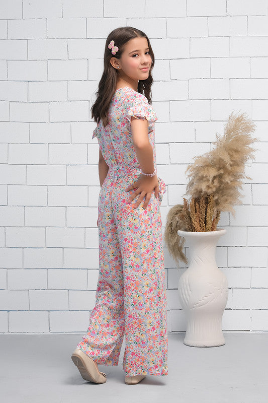 Girls Pink Floral Print Butterfly Sleeve Shirred Jumpsuit