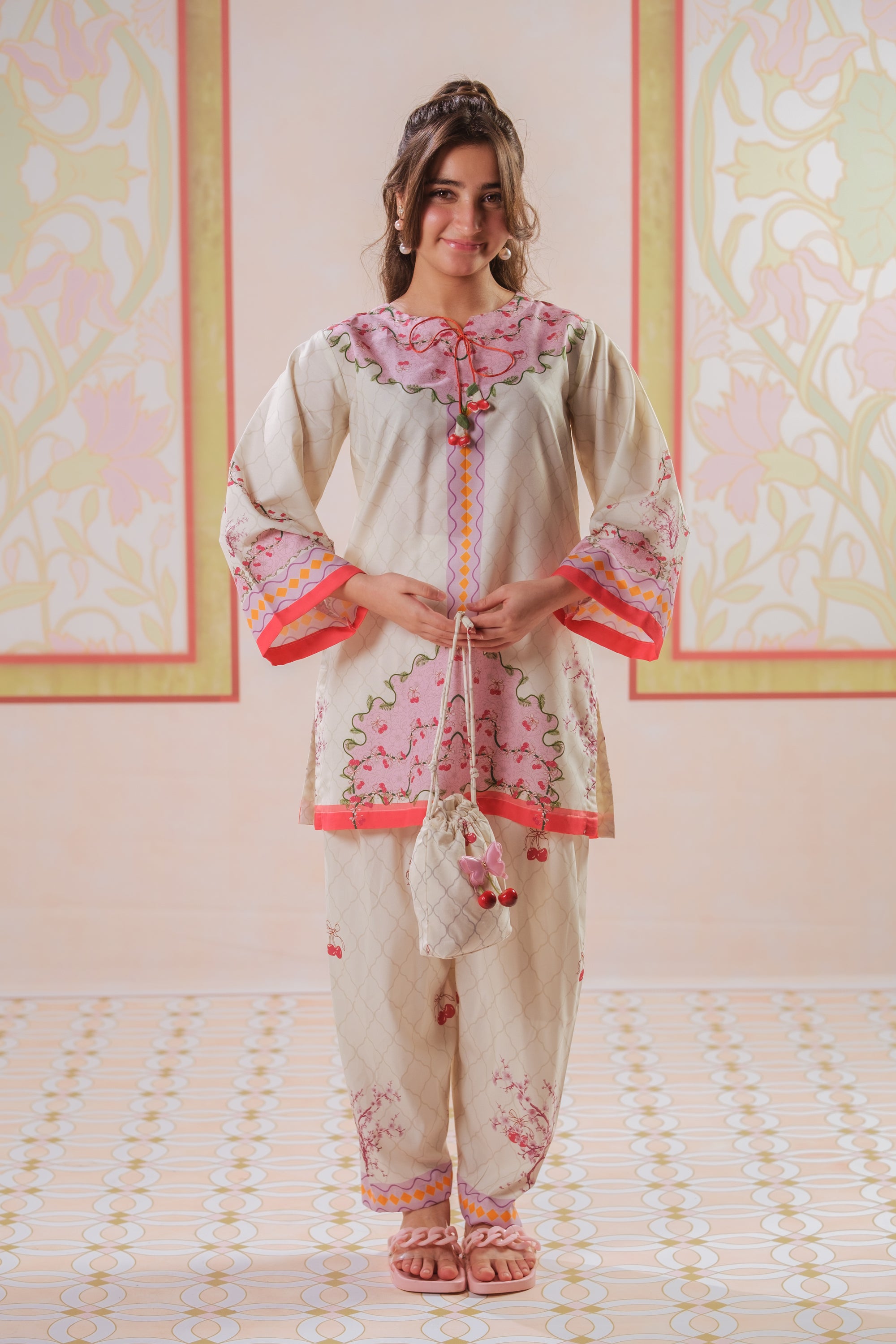 Tangerine Sketch - 2pcs - Poly Cambric - 2pcs-ready-to-wear, Fusion - Sprinkles Pakistan