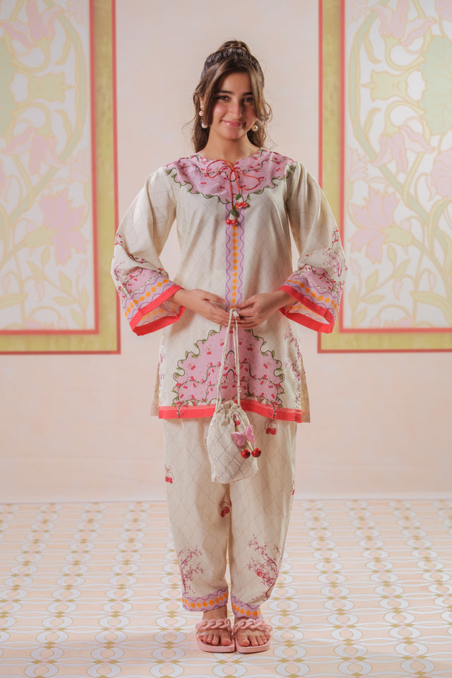 Tangerine Sketch - 2pcs - Poly Cambric - 2pcs-ready-to-wear, Fusion - Sprinkles Pakistan