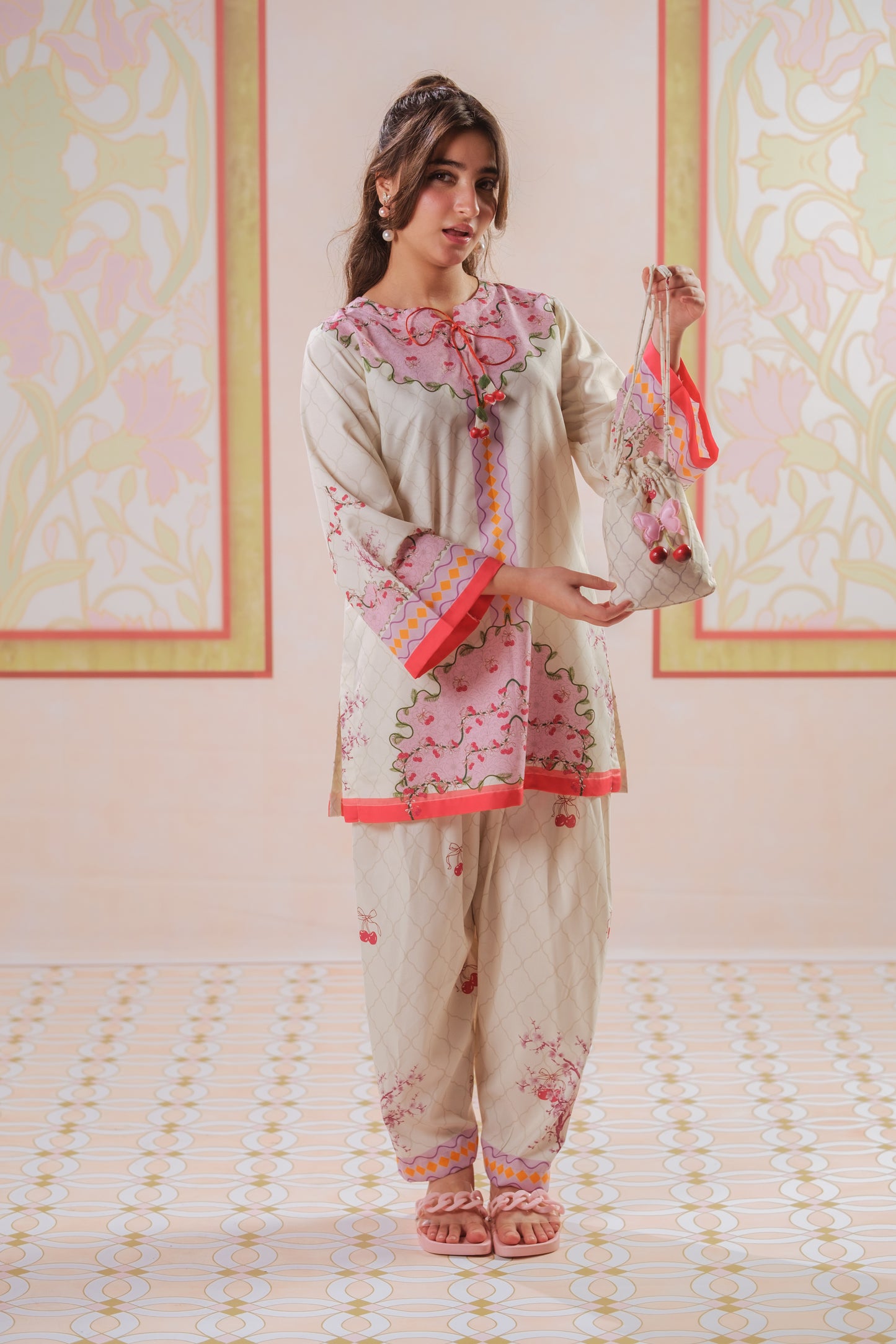 Tangerine Sketch - 2pcs - Poly Cambric - 2pcs-ready-to-wear, Fusion - Sprinkles Pakistan