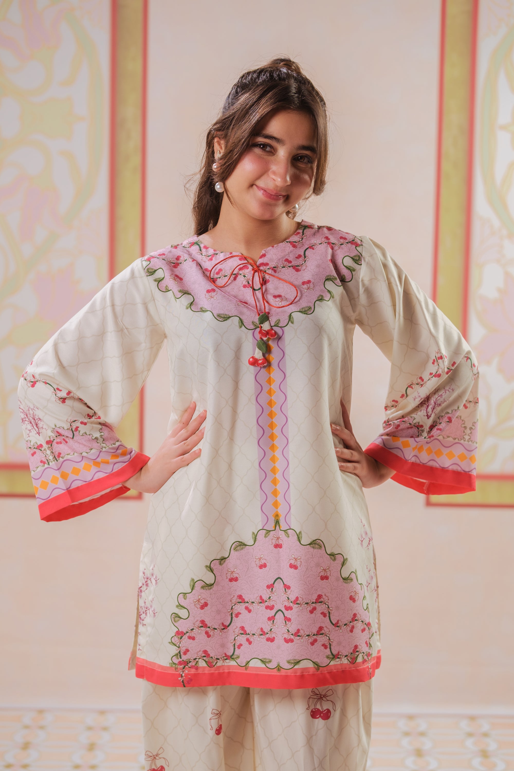 Tangerine Sketch - 2pcs - Poly Cambric - 2pcs-ready-to-wear, Fusion - Sprinkles Pakistan