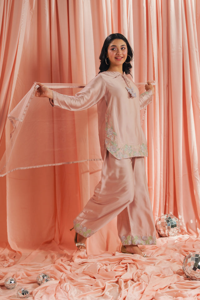 Peach Blossom - 3pcs - Co-ord Set - Korean Silk - Festive - Sprinkles Pakistan