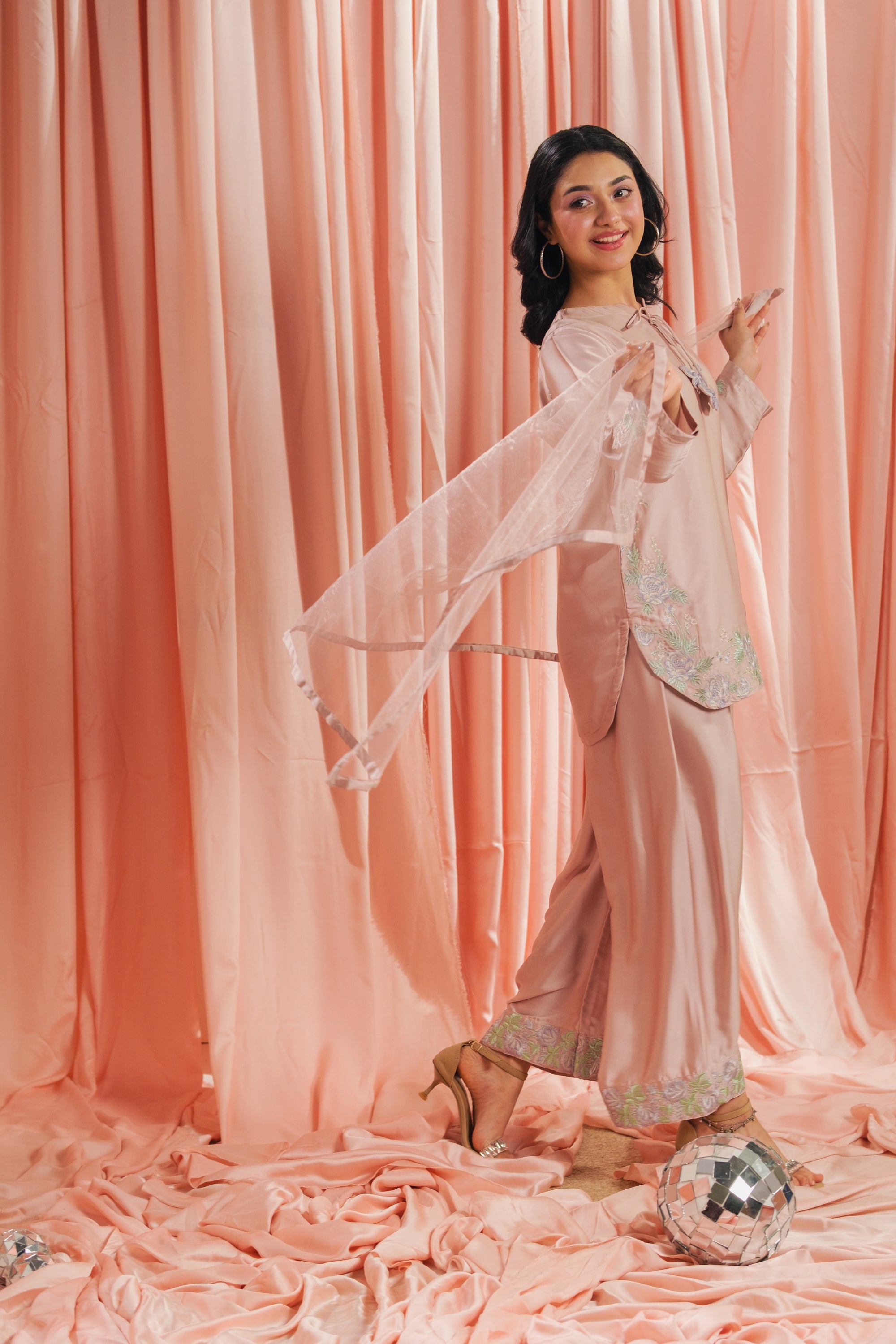 Peach Blossom - 3pcs - Co-ord Set - Korean Silk - Festive - Sprinkles Pakistan