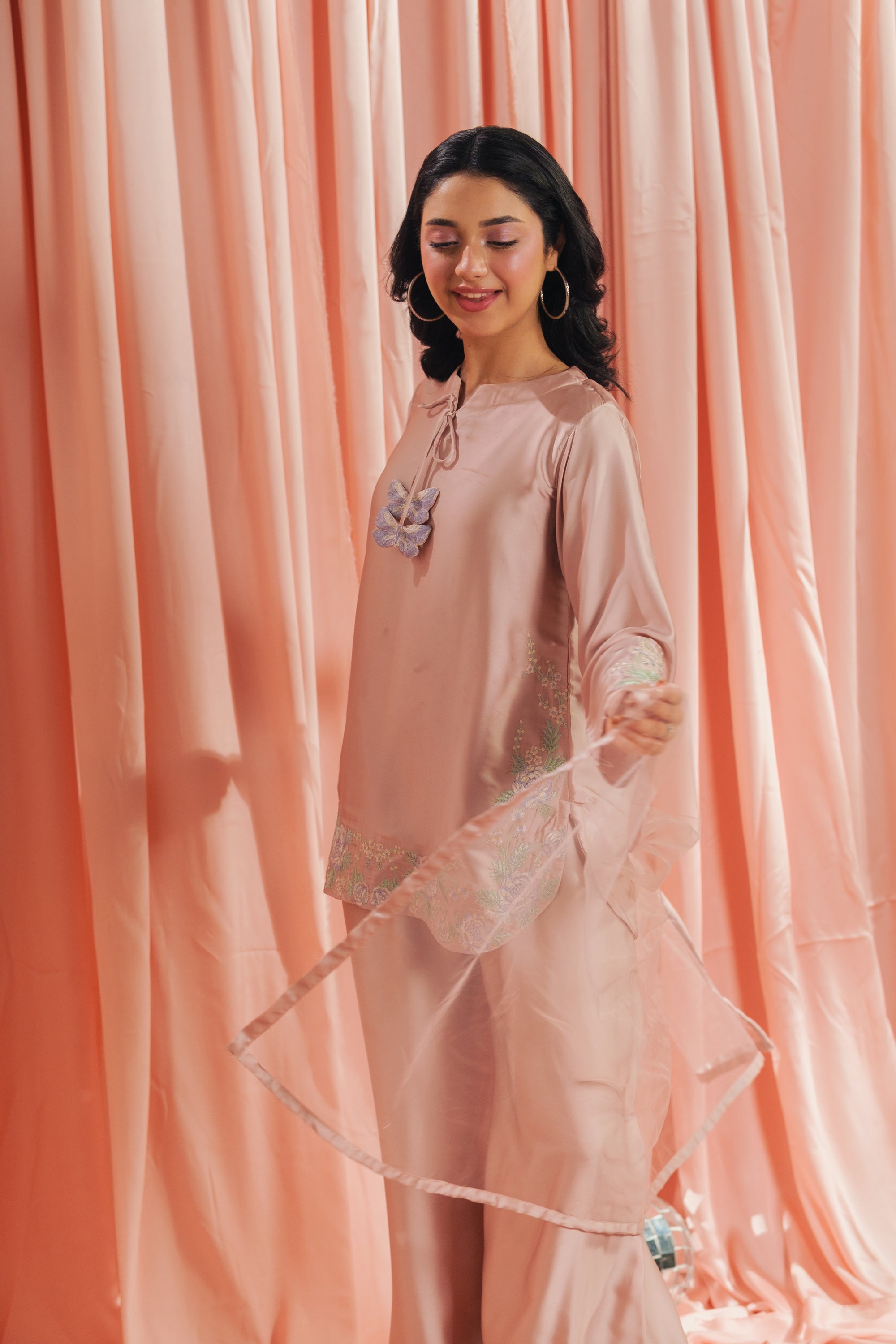 Peach Blossom - 3pcs - Co-ord Set - Korean Silk - Festive - Sprinkles Pakistan