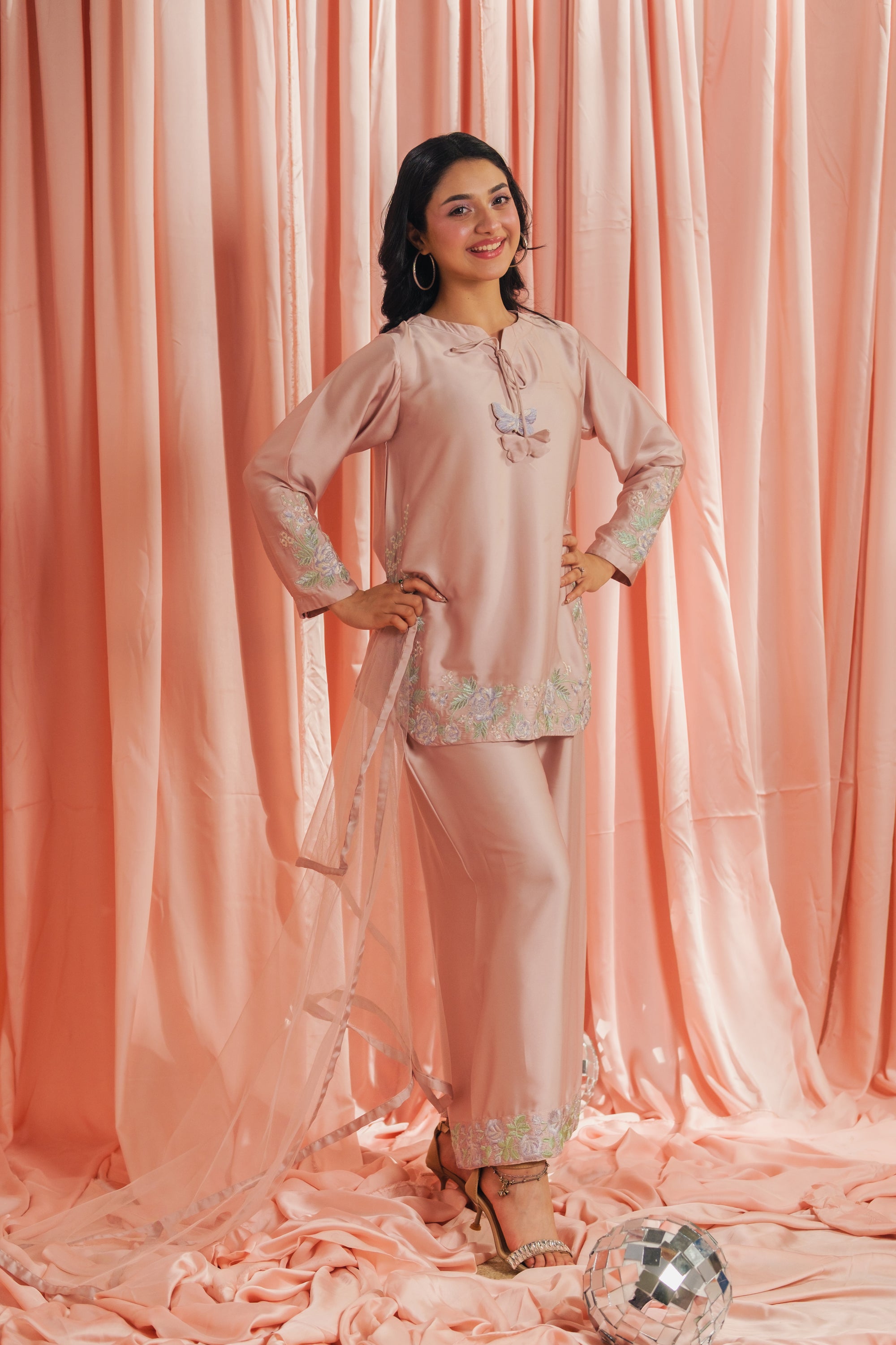 Peach Blossom - 3pcs - Co-ord Set - Korean Silk - Festive - Sprinkles Pakistan