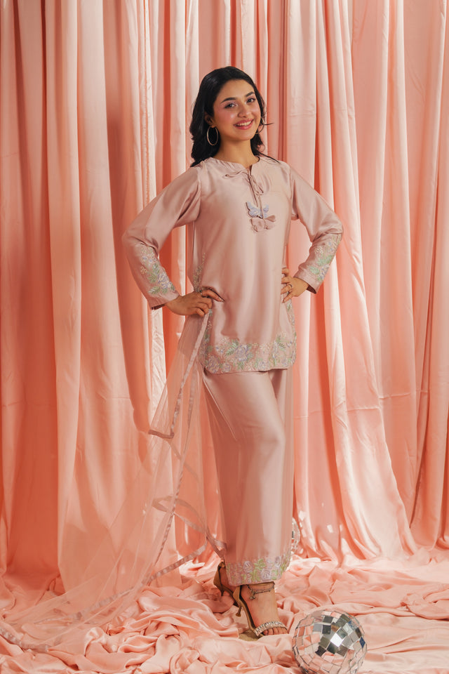 Peach Blossom - 3pcs - Co-ord Set - Korean Silk - Festive - Sprinkles Pakistan