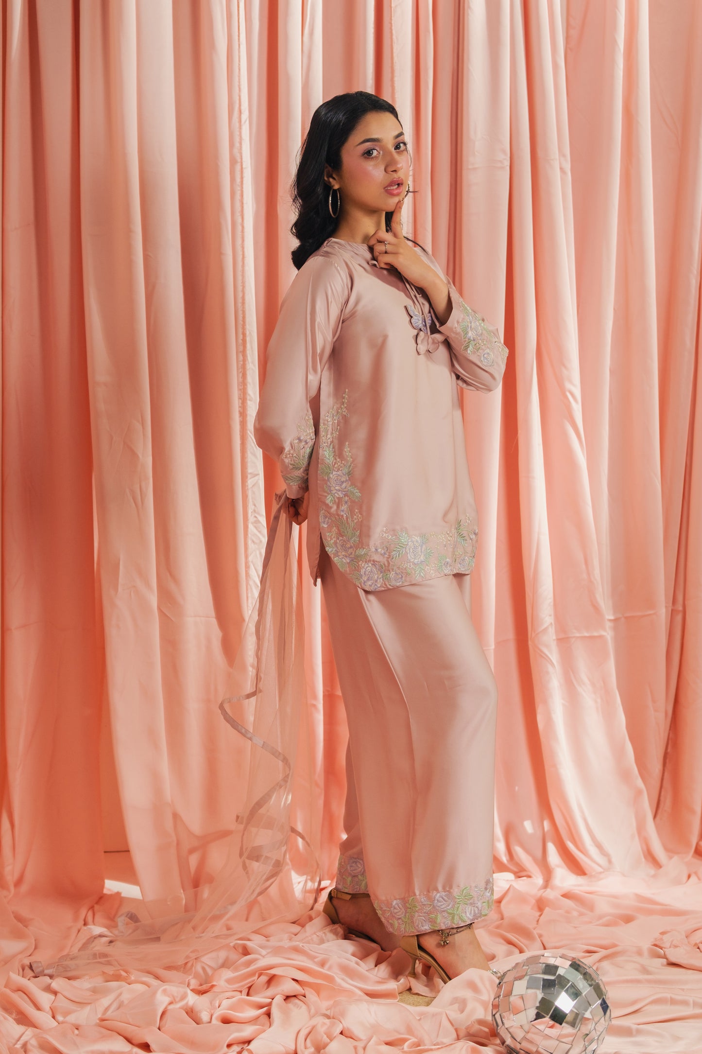 Peach Blossom - 3pcs - Co-ord Set - Korean Silk - Festive - Sprinkles Pakistan