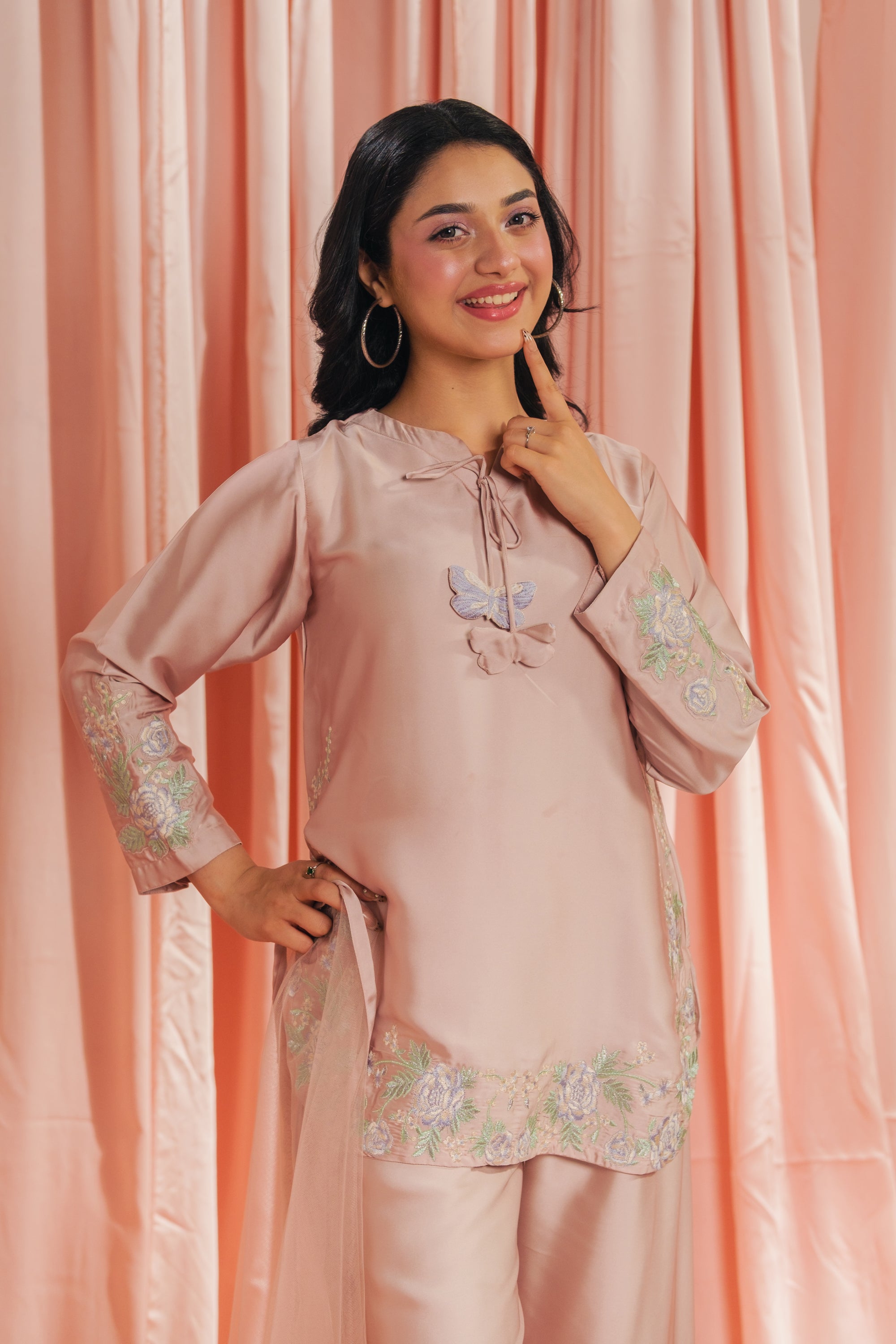 Peach Blossom - 3pcs - Co-ord Set - Korean Silk - Festive - Sprinkles Pakistan