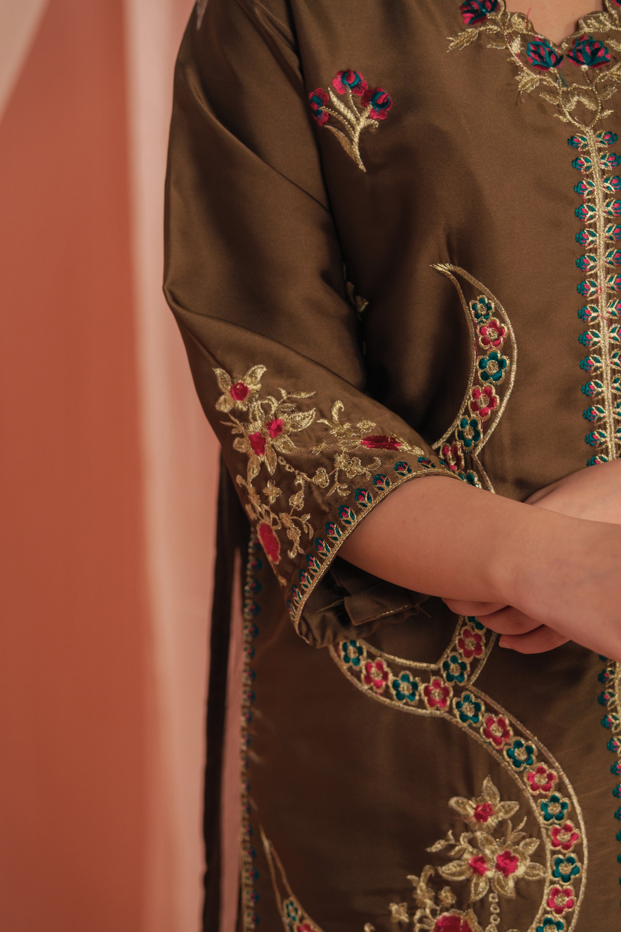 Earthy Glow - 3pcs - Sharara - Korean Silk - Festive - Sprinkles Pakistan