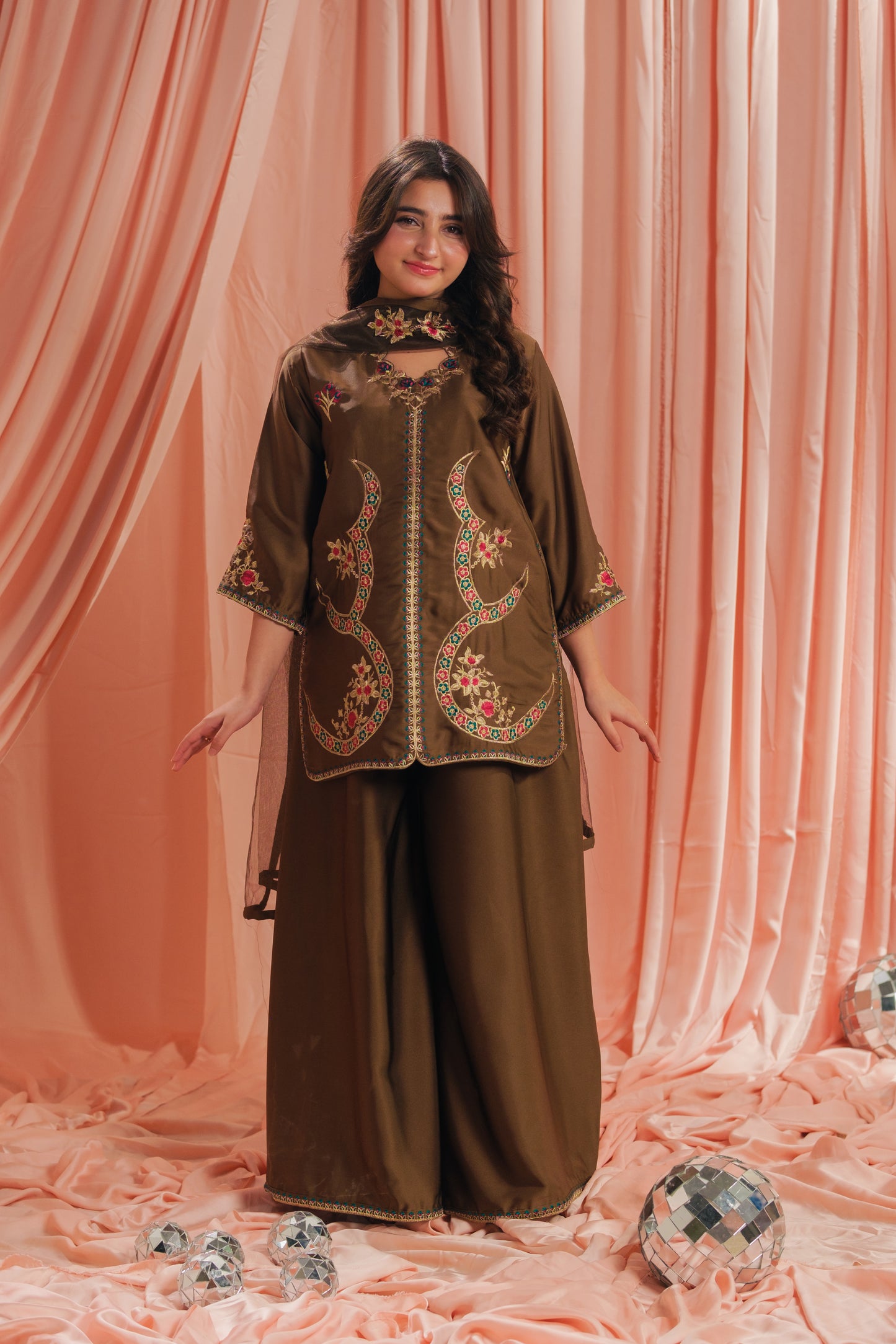Earthy Glow - 3pcs - Sharara - Korean Silk - Festive - Sprinkles Pakistan