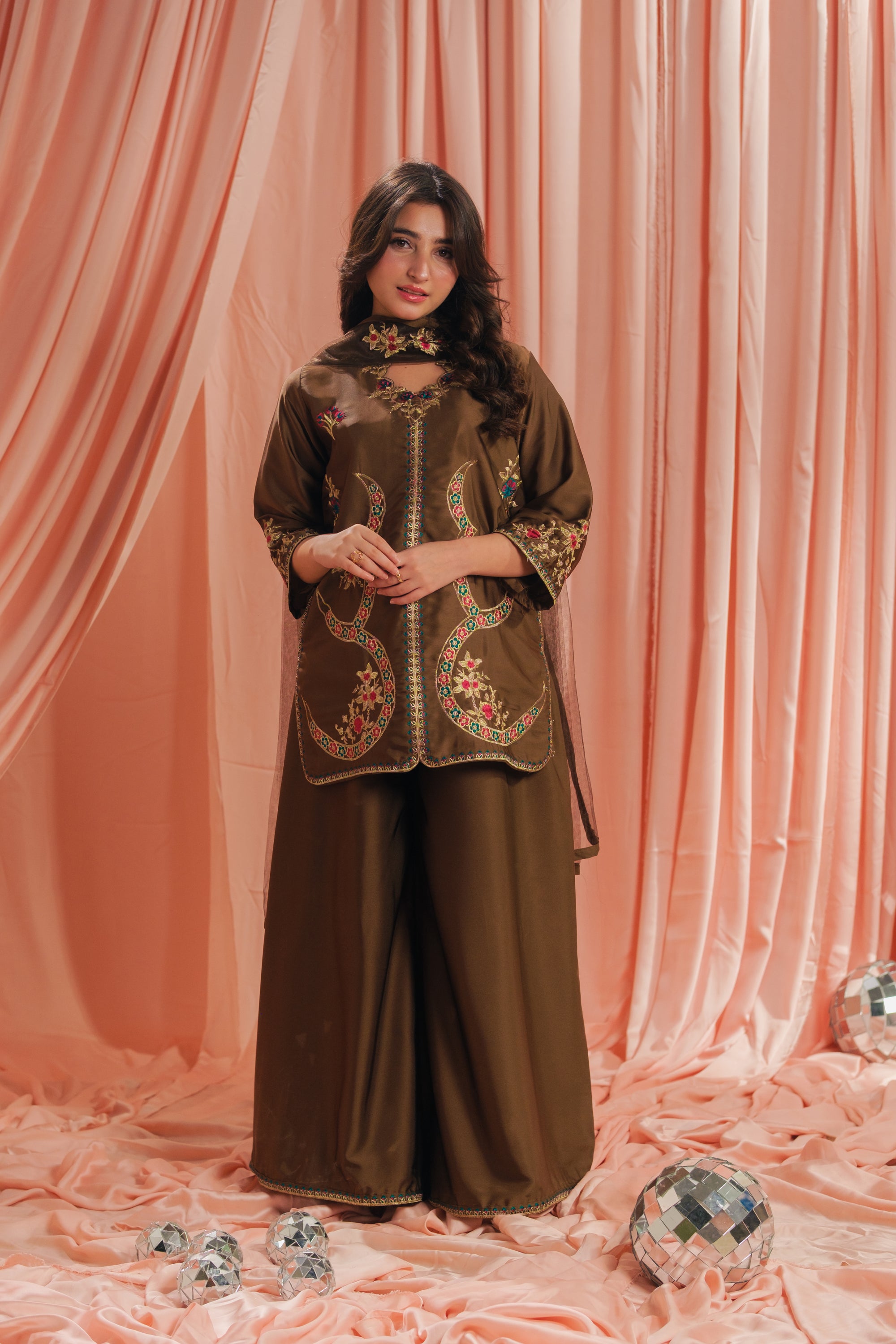 Earthy Glow - 3pcs - Sharara - Korean Silk - Festive - Sprinkles Pakistan