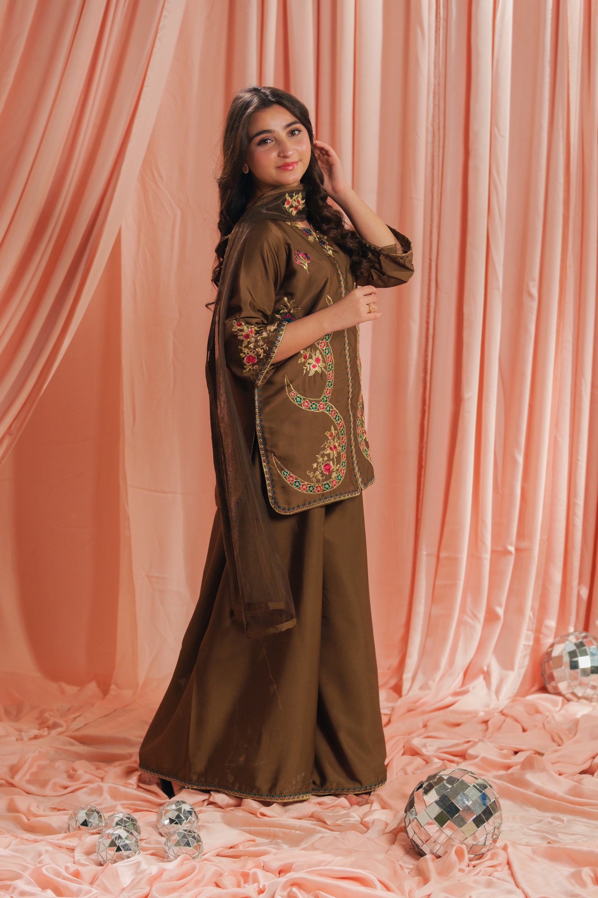 Earthy Glow - 3pcs - Sharara - Korean Silk - Festive - Sprinkles Pakistan