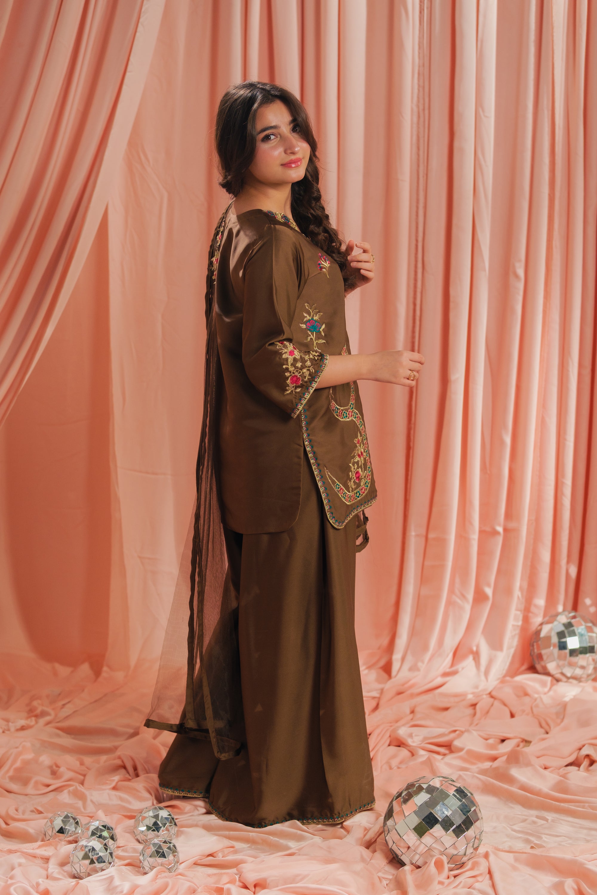 Earthy Glow - 3pcs - Sharara - Korean Silk - Festive - Sprinkles Pakistan