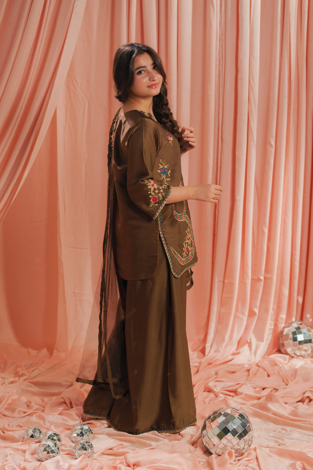 Earthy Glow - 3pcs - Sharara - Korean Silk - Festive - Sprinkles Pakistan