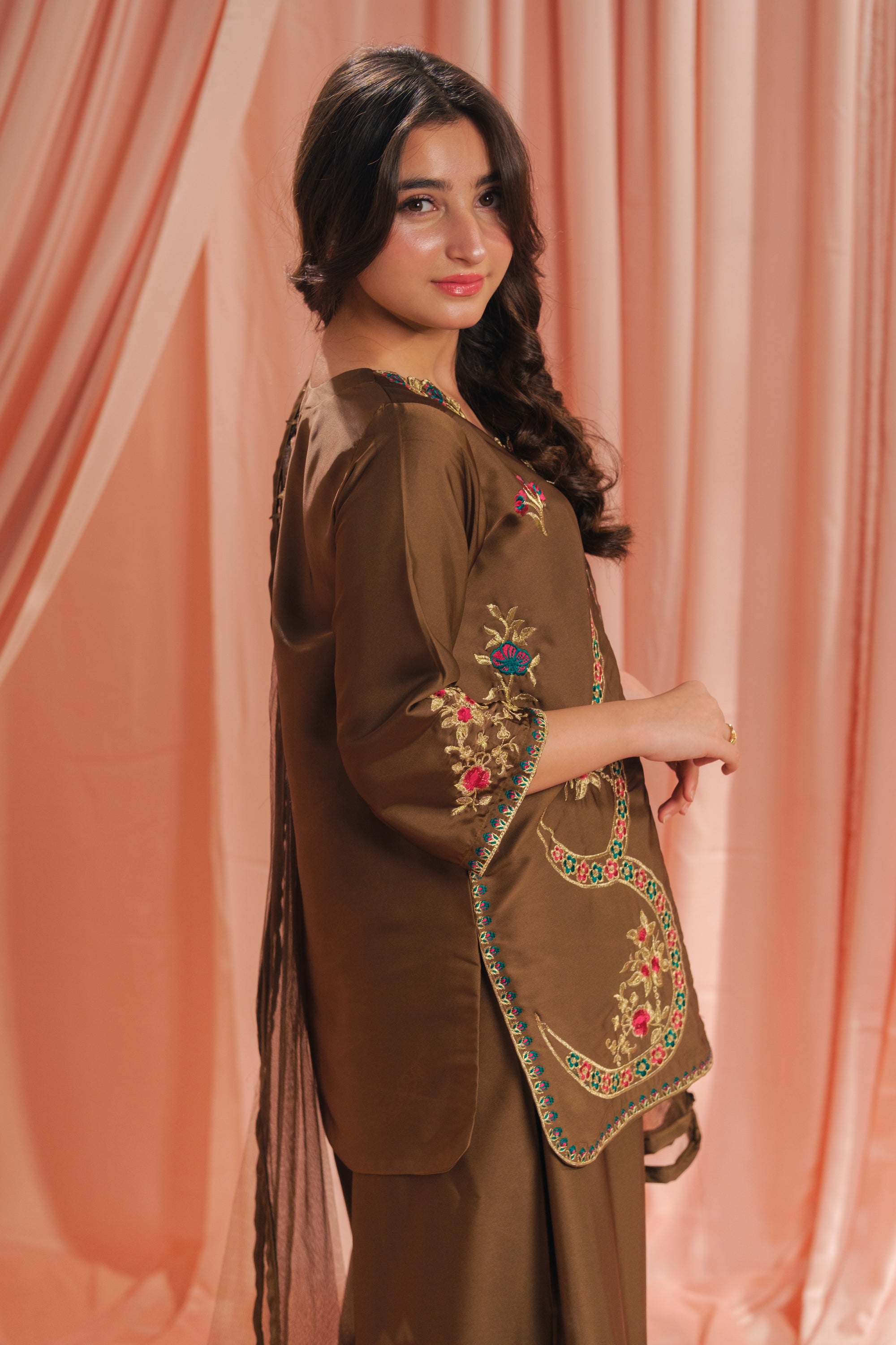 Earthy Glow - 3pcs - Sharara - Korean Silk - Festive - Sprinkles Pakistan