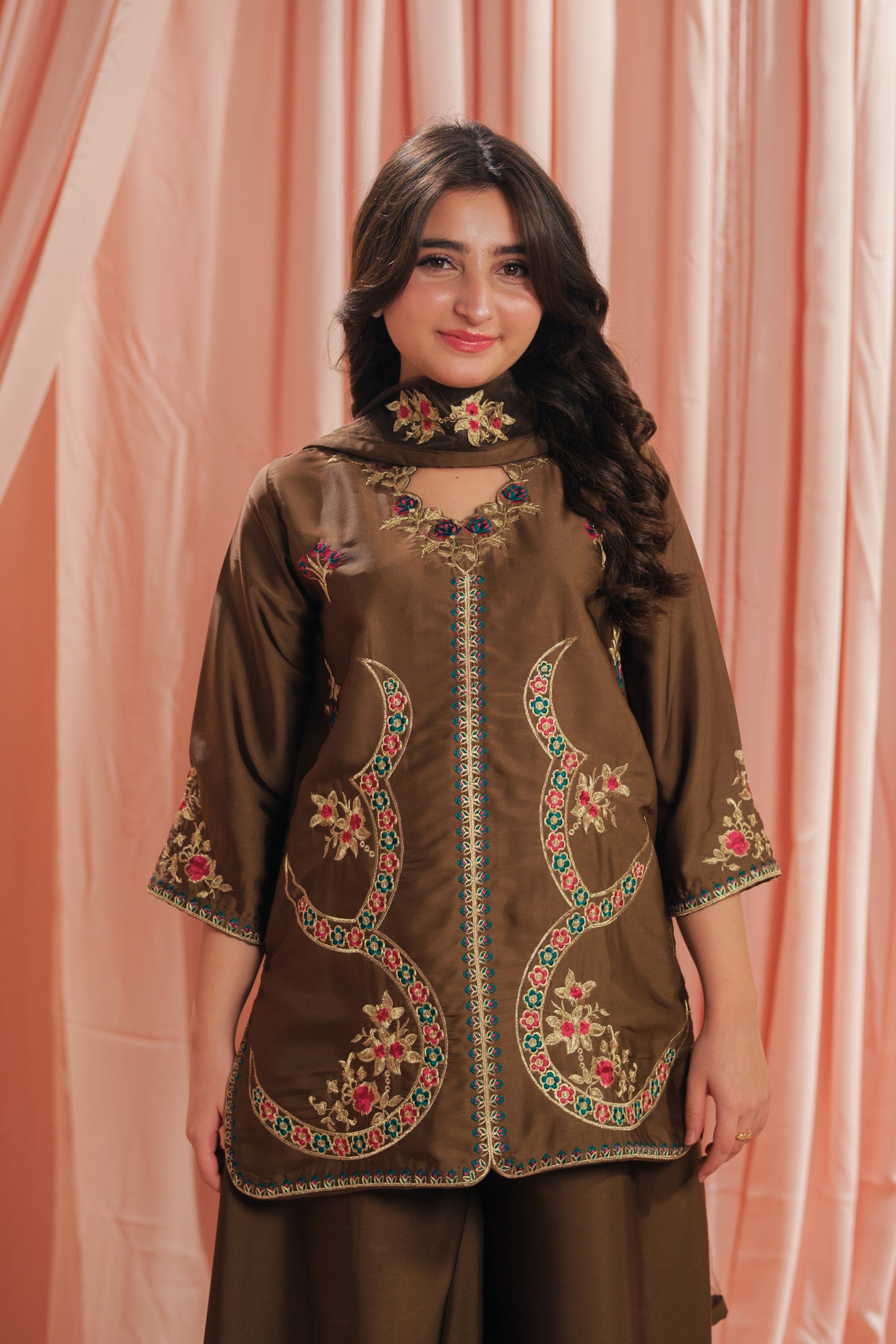 Earthy Glow - 3pcs - Sharara - Korean Silk - Festive - Sprinkles Pakistan
