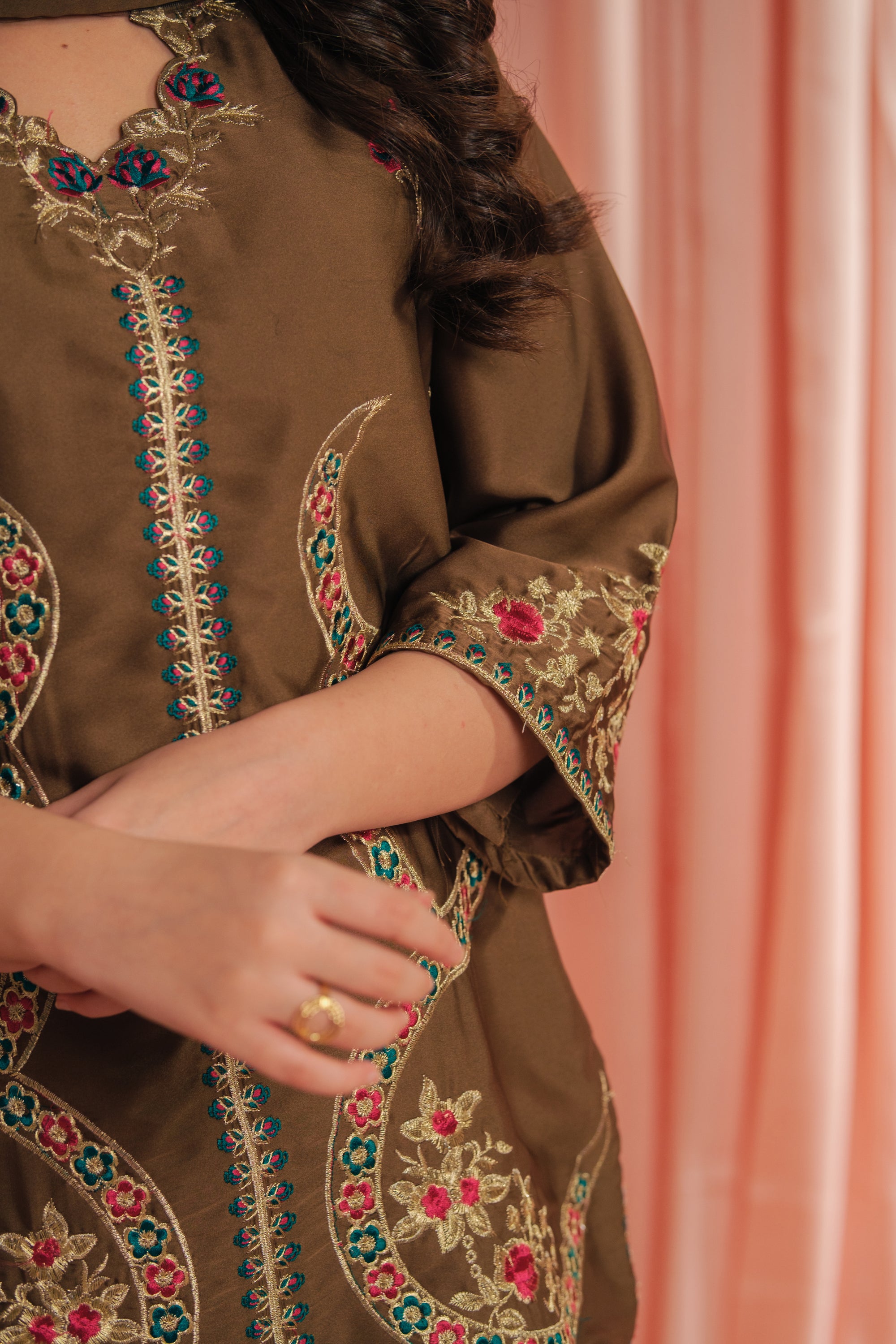 Earthy Glow - 3pcs - Sharara - Korean Silk - Festive - Sprinkles Pakistan