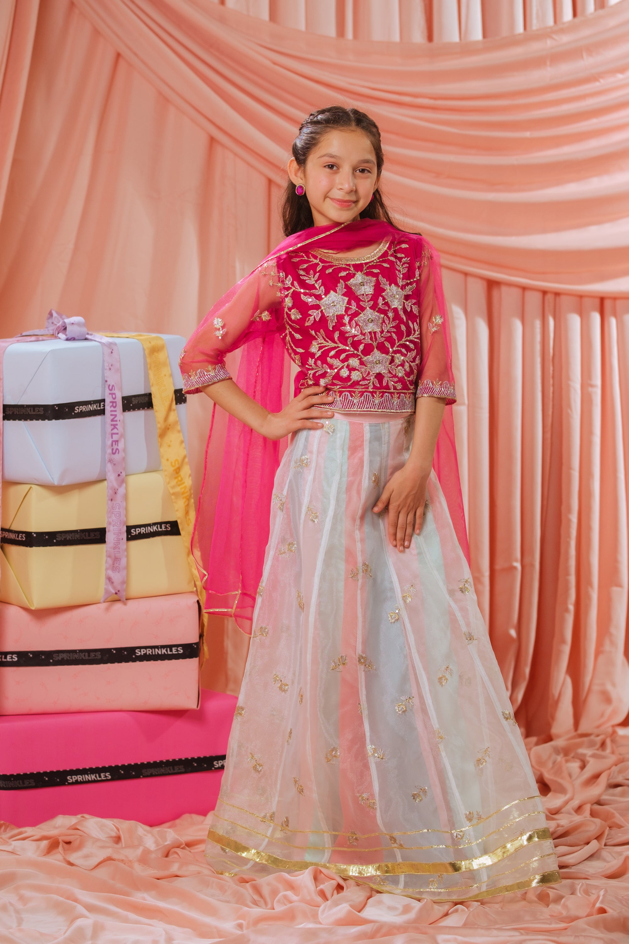 Pink Stardust Lehenga - 3pcs - Sequence Embroidered Net - Festive - Sprinkles Pakistan