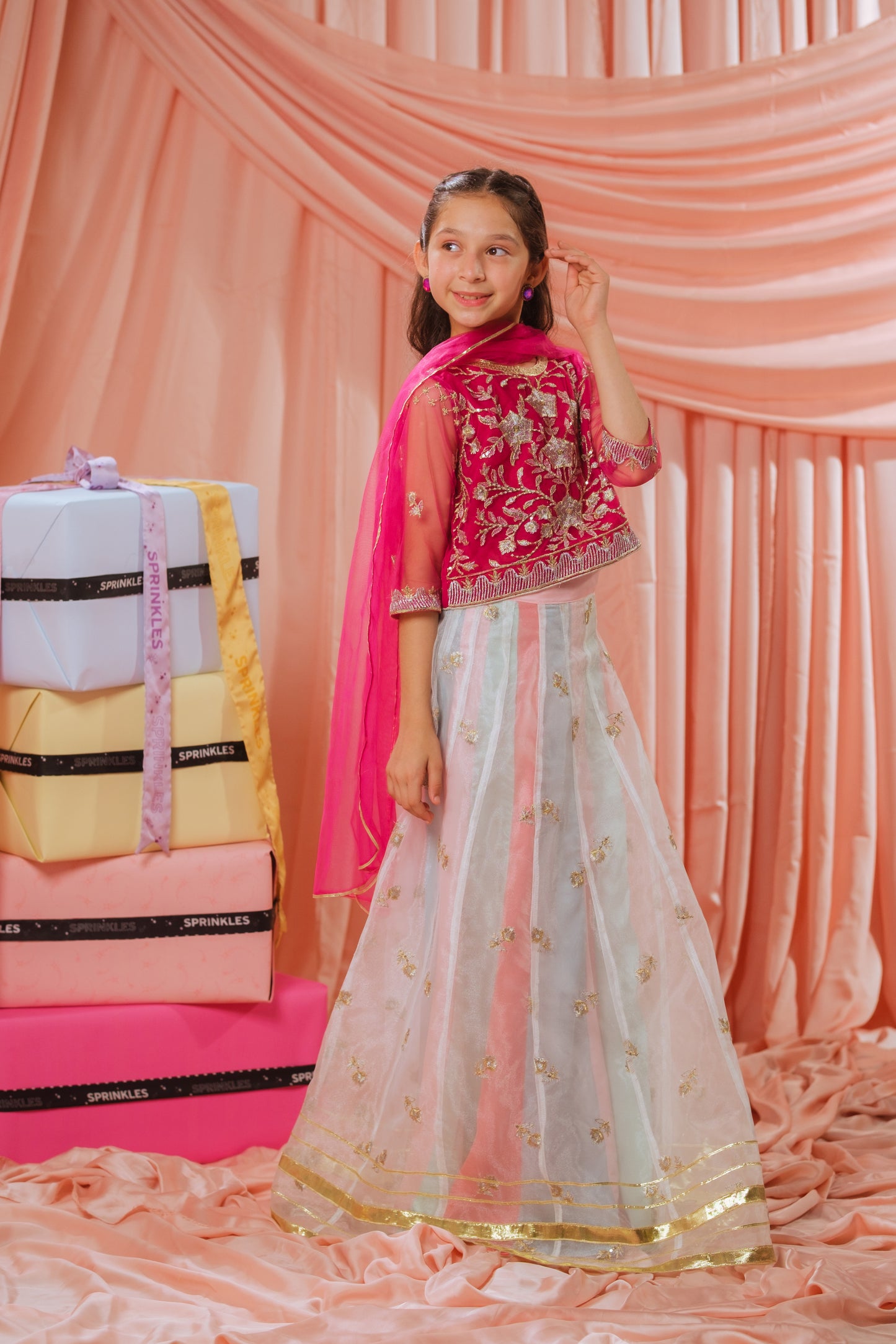 Pink Stardust Lehenga - 3pcs - Sequence Embroidered Net - Festive - Sprinkles Pakistan