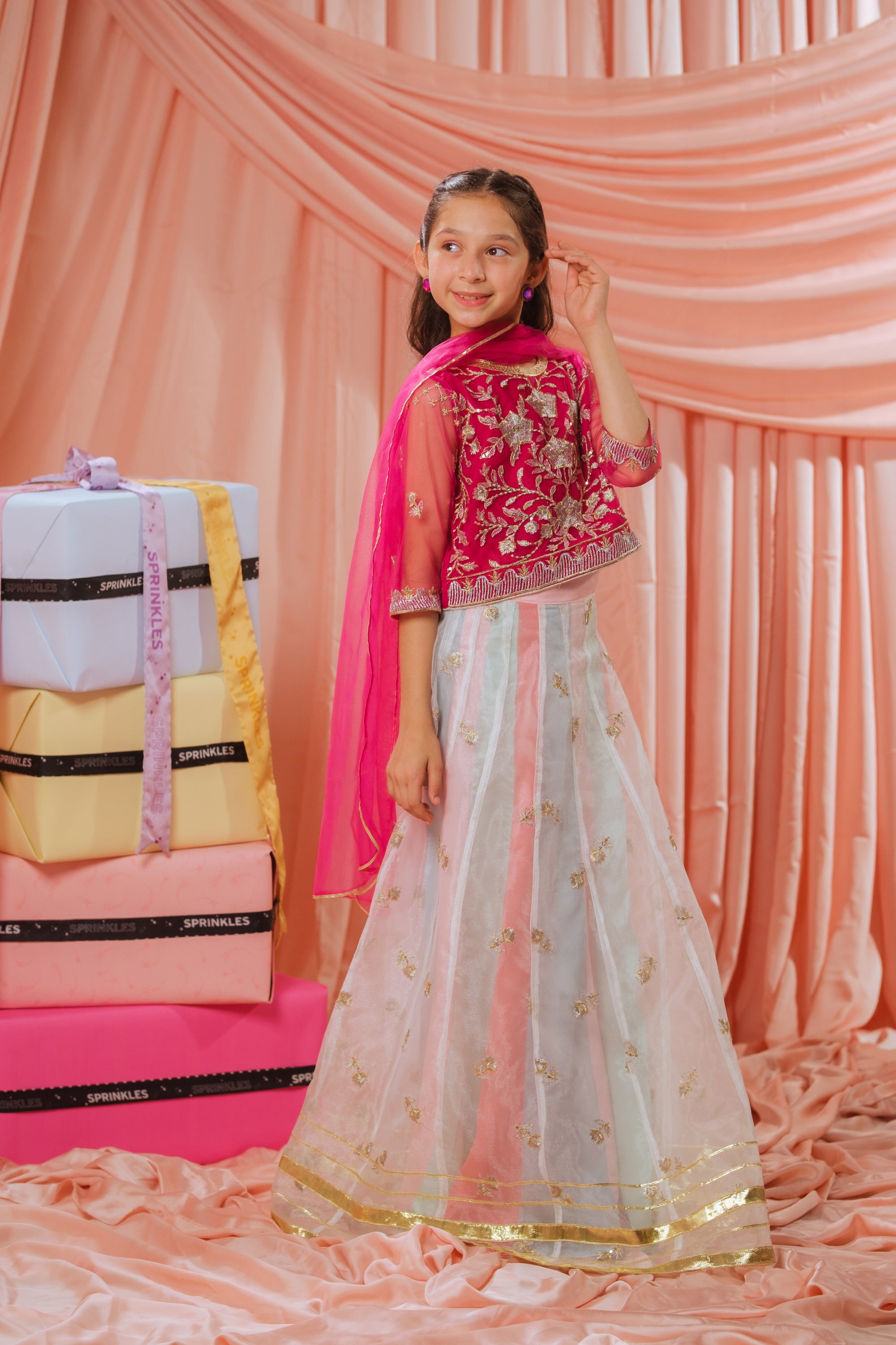 Pink Stardust Lehenga - 3pcs - Sequence Embroidered Net - Festive - Sprinkles Pakistan