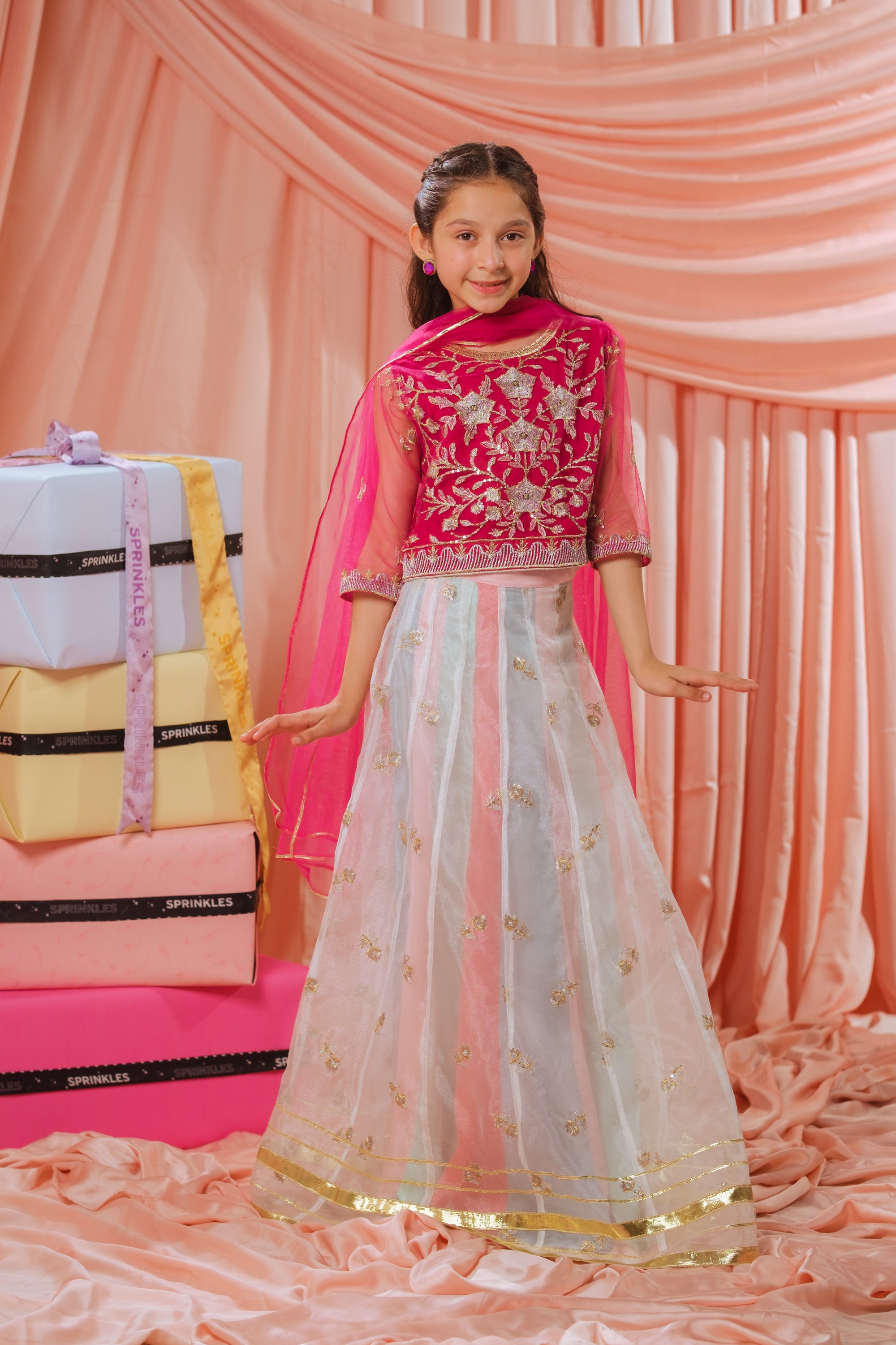Pink Stardust Lehenga - 3pcs - Sequence Embroidered Net - Festive - Sprinkles Pakistan