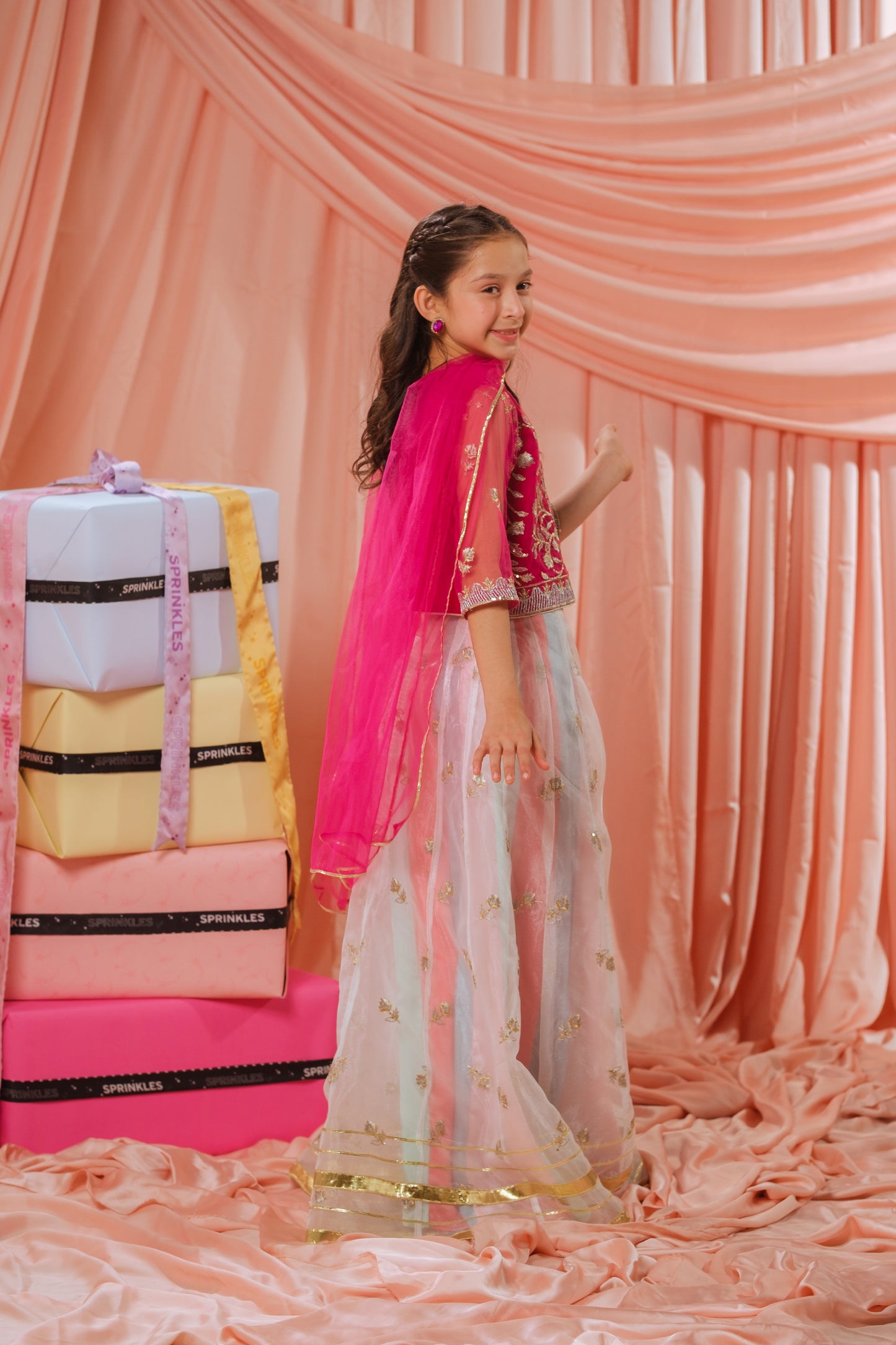Pink Stardust Lehenga - 3pcs - Sequence Embroidered Net - Festive - Sprinkles Pakistan